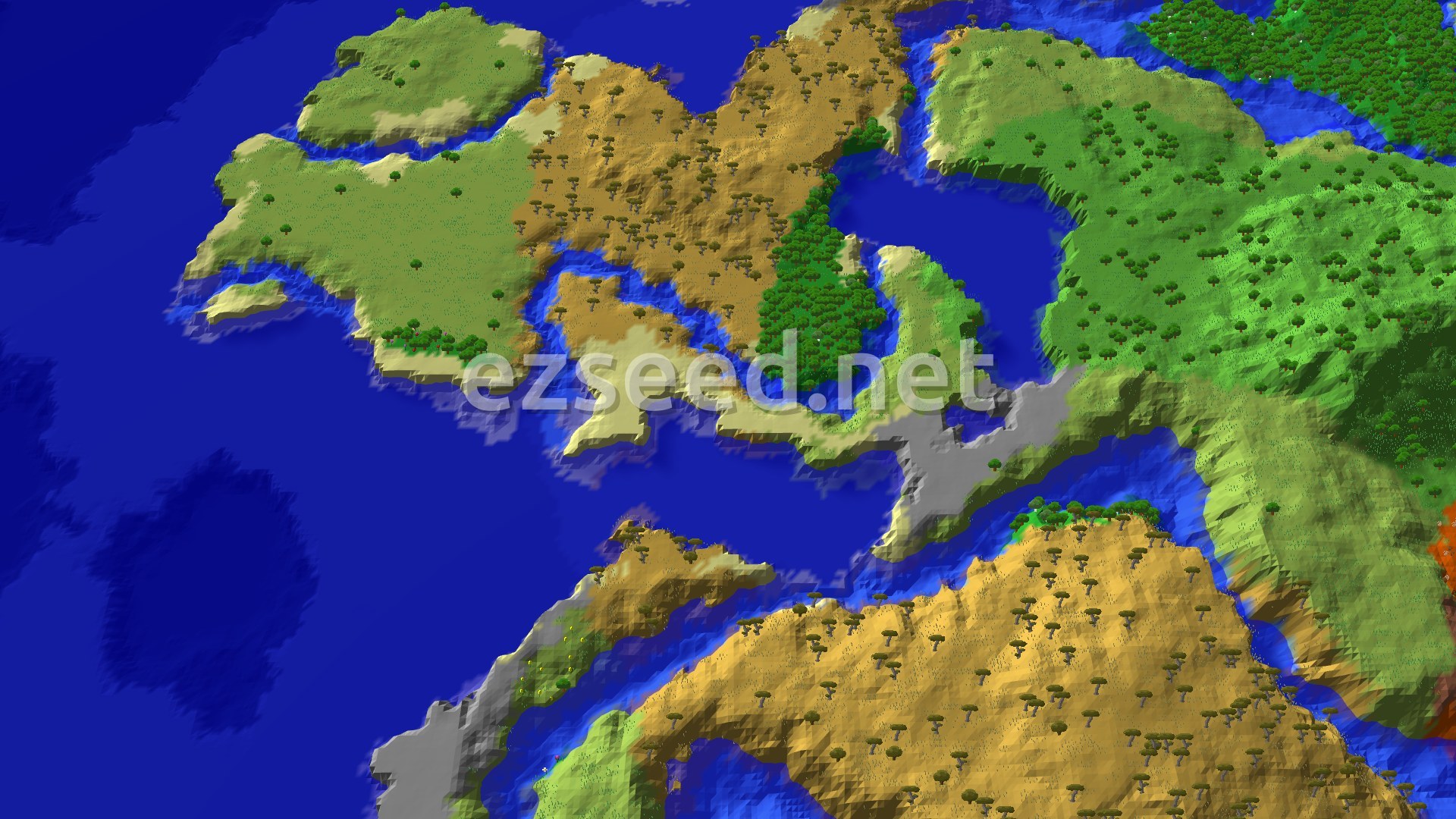 A 3D overhead view of a diverse landscape featuring a mix of savanna, plains, forests, and winding rivers, with a central spawn marker.