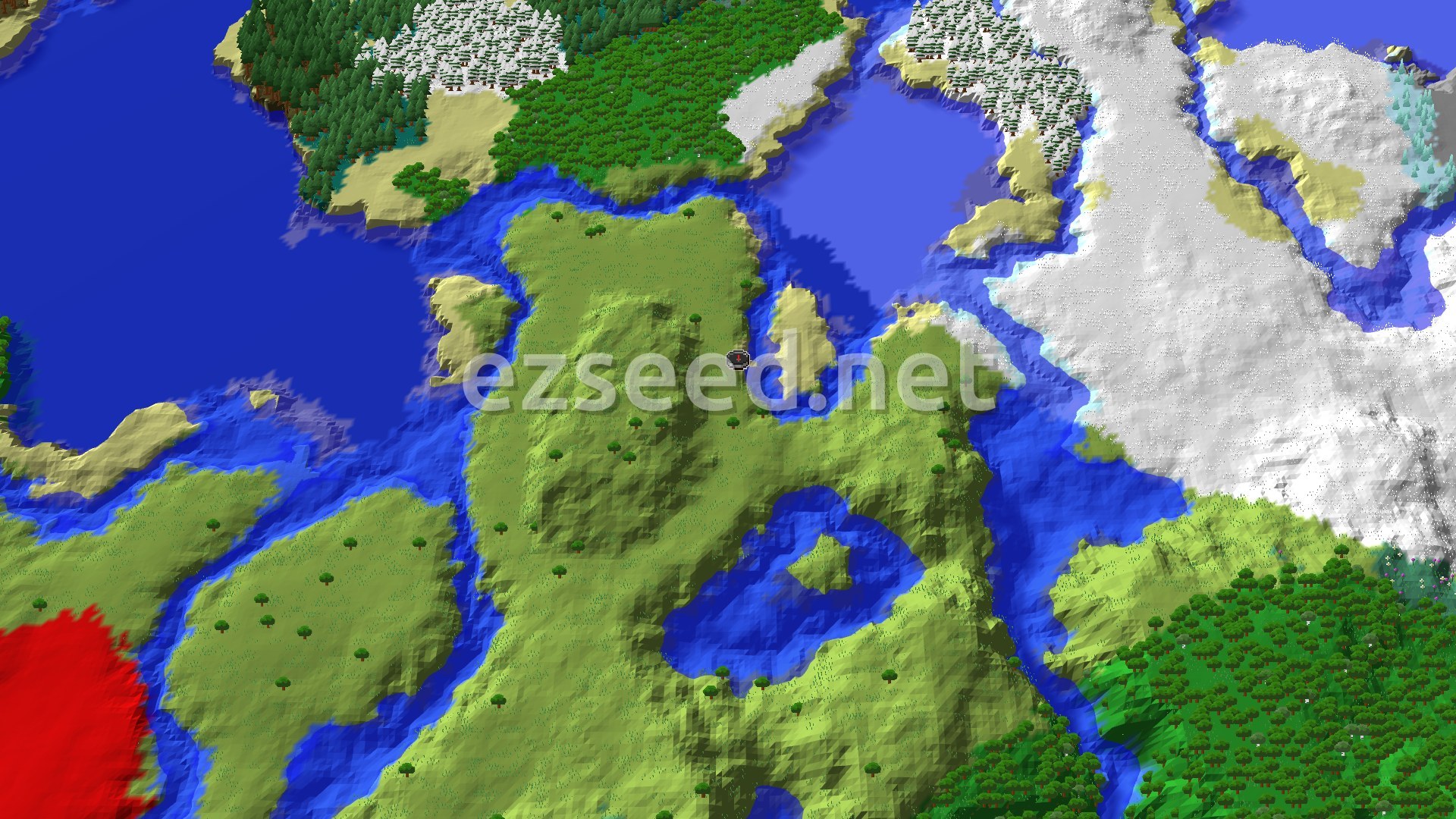 A broad, mostly flat plains biome at spawn, surrounded by a mix of forests and snowy terrain, with a river winding through and some distant hills.
