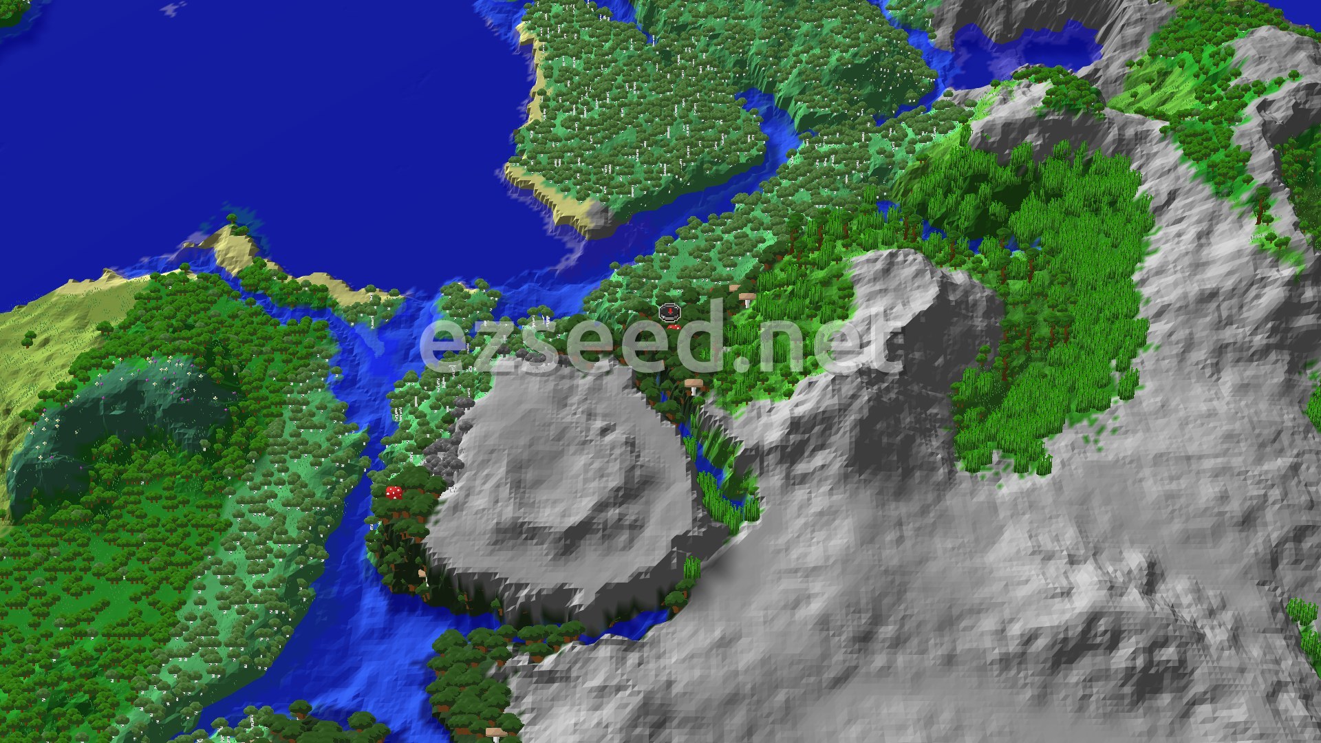 An aerial view shows a dense dark forest at the center, flanked by a river and ocean to the north and west, and a large mountain range to the east and south.