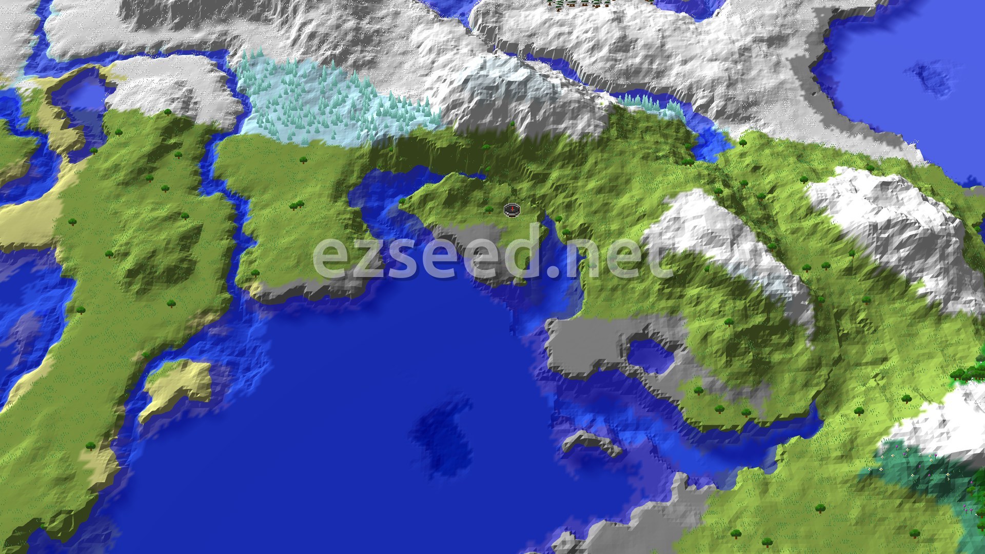 A 3D fly-over of the seed's spawn area, showing a mix of green plains, blue water, and white snowy mountains, with a small marker at the spawn point.