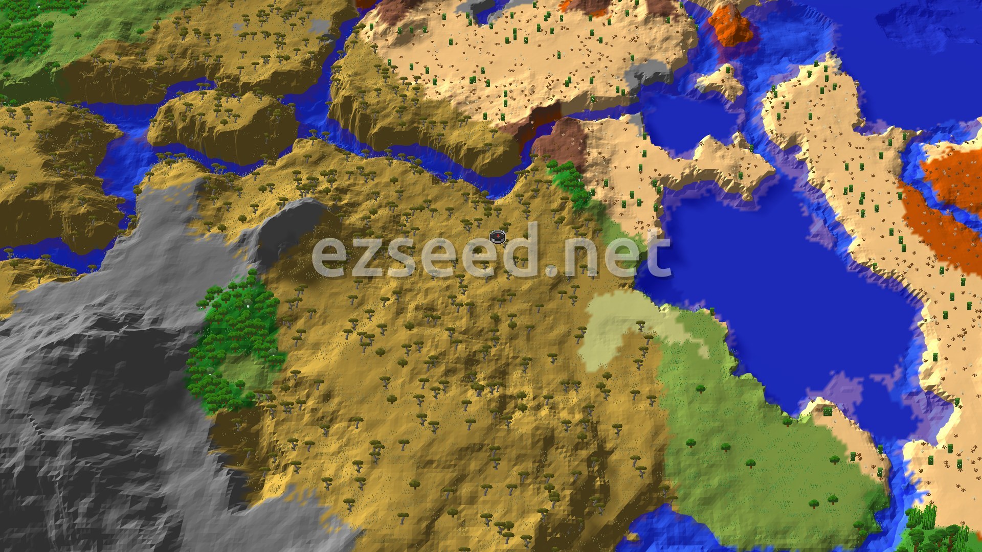 An overhead 3D view of a Minecraft landscape, showing a large savanna biome with scattered acacia trees, bordered by a dark gray stony peaks or mountain biome to the west, and a winding blue river to the north and east. Further east, a desert biome with sand-colored terrain and some scattered cacti is visible, alongside some patches of eroded badlands with distinctive red and orange hues.