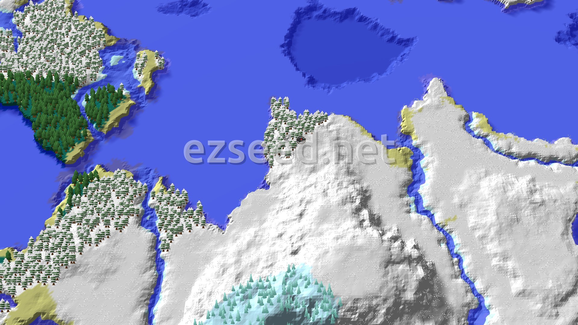 A vast snowy landscape with scattered evergreens and a large frozen ocean with icebergs to the north.