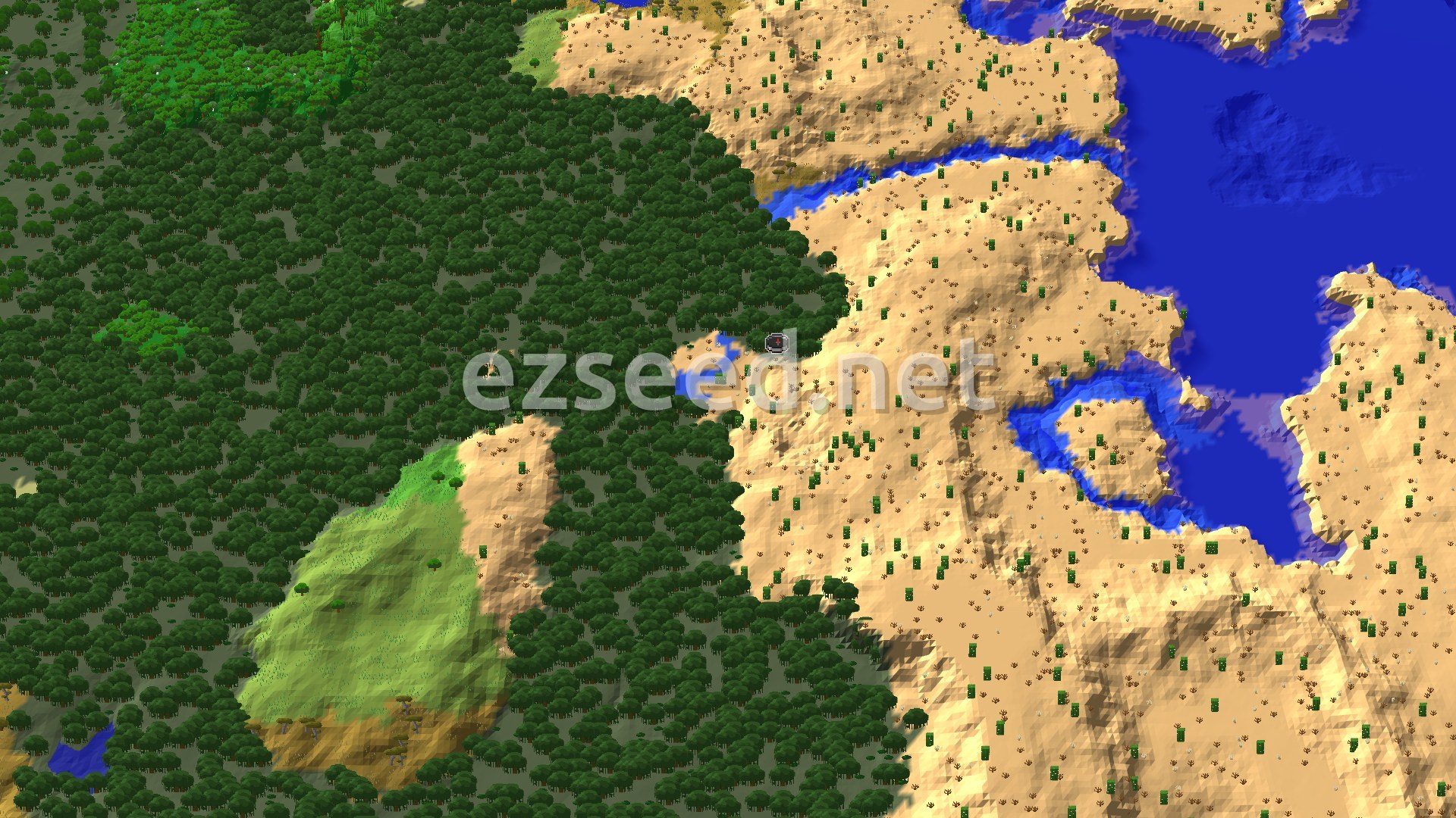 Aerial Minecraft seed map — Desert Spawn with Nearby Mangrove Swamp and Village