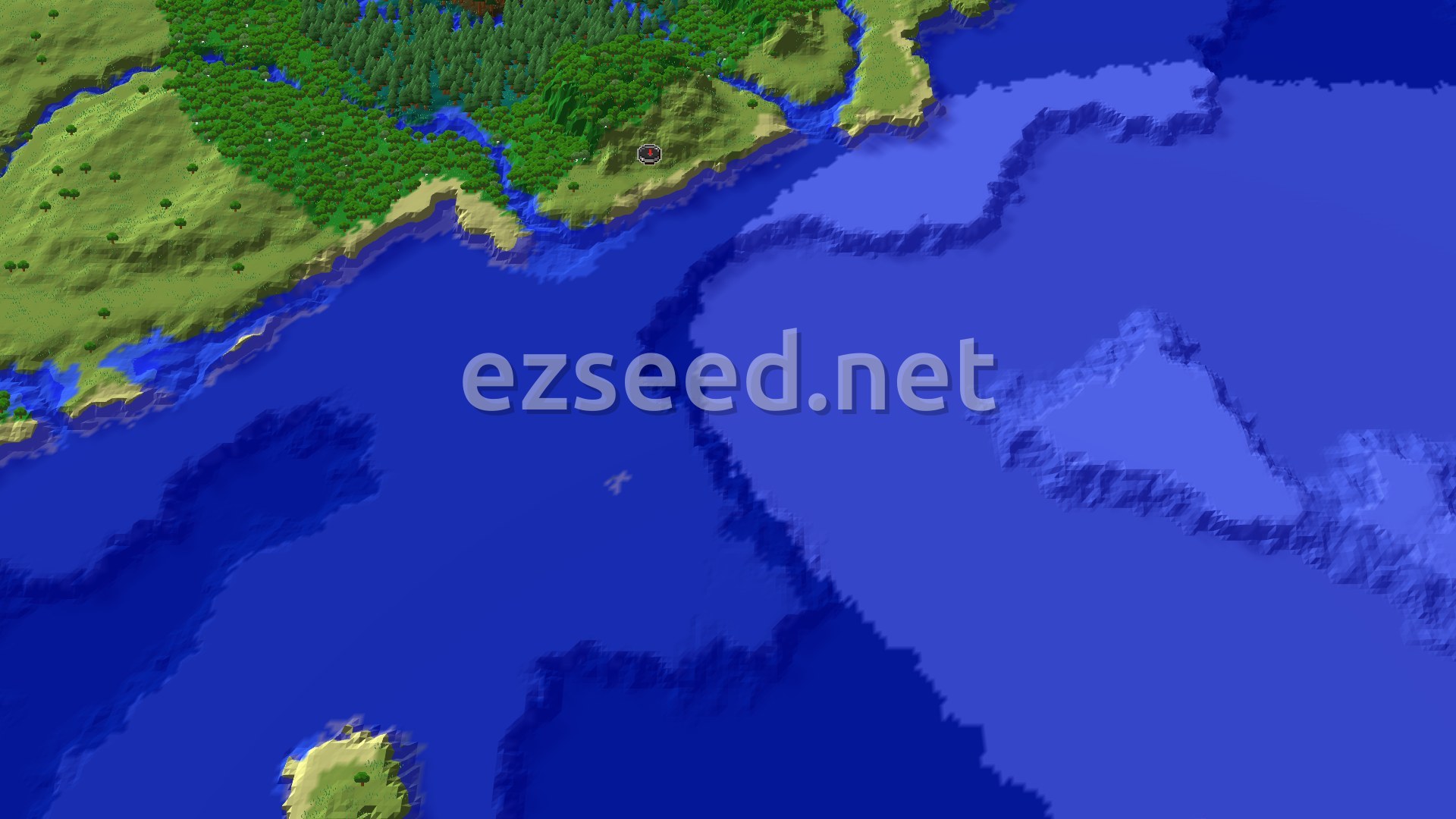 A 3D fly-over of a mostly green, flat landscape, with areas of darker green trees, bordering a large blue ocean. A small spawn marker is visible near the coast.