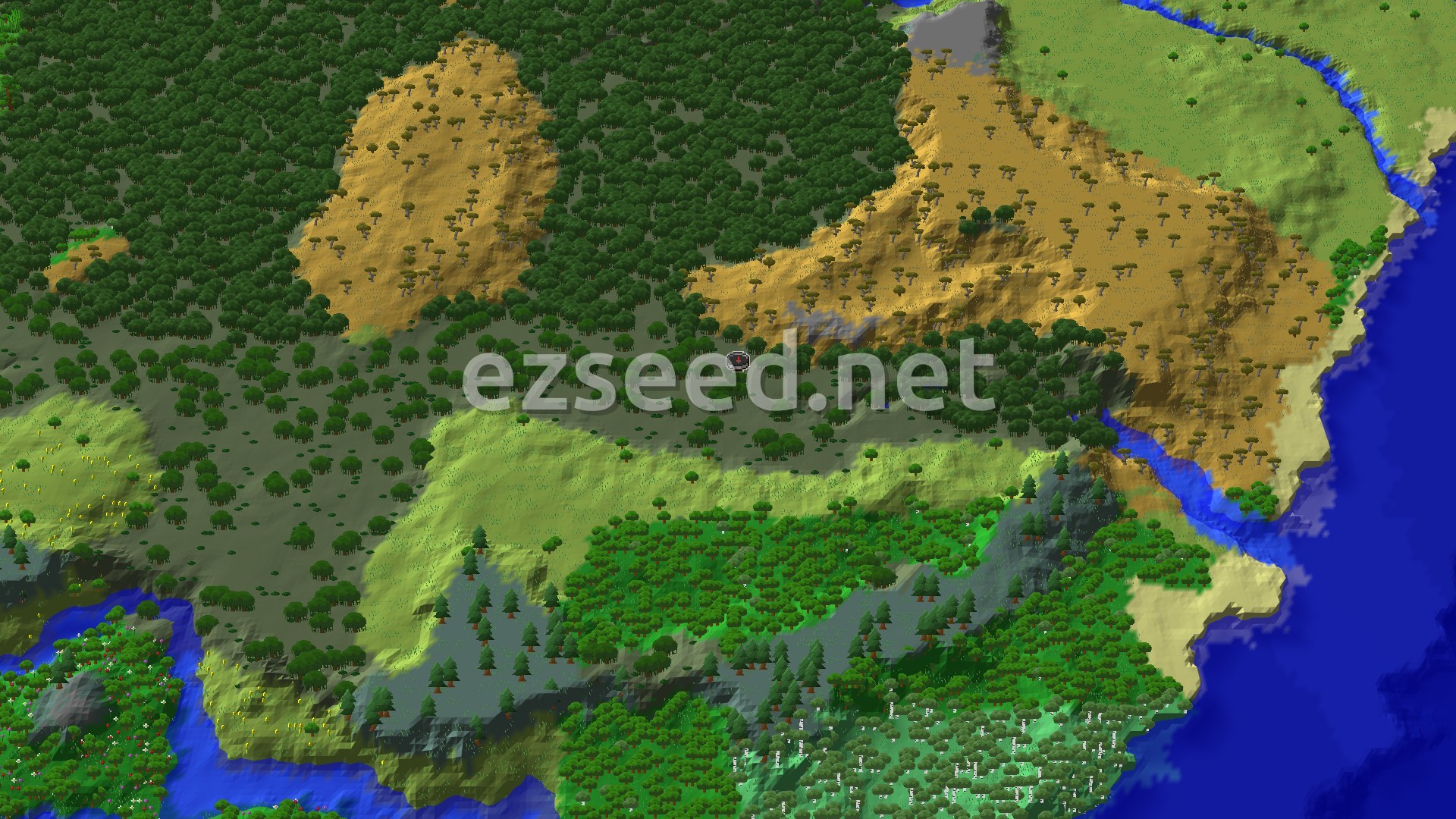 An aerial view of varied terrain around spawn, showing a dark green swamp, light green plains, and a large golden savanna with scattered trees, bordered by a blue ocean.