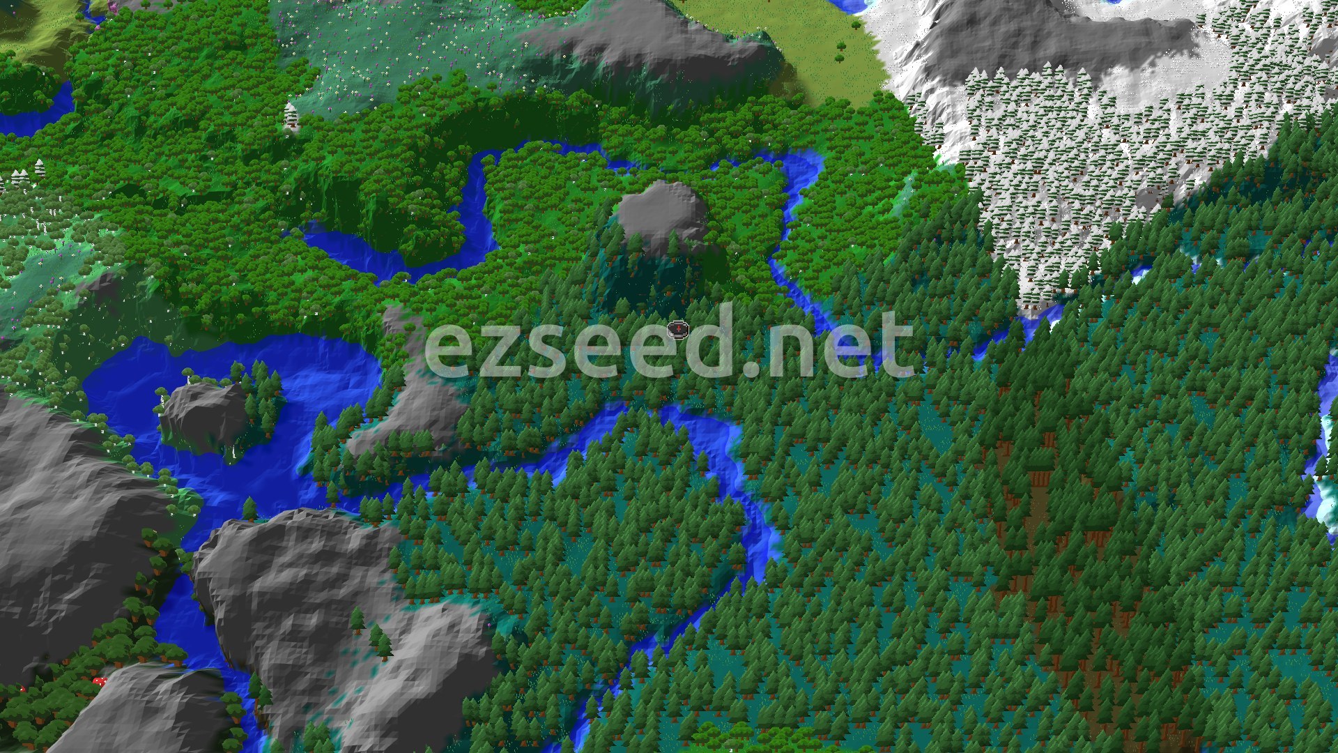 An aerial view shows a vast taiga forest dissected by rivers, with mountains and snowy peaks in the distance, and a small marker at the center indicating the spawn point.