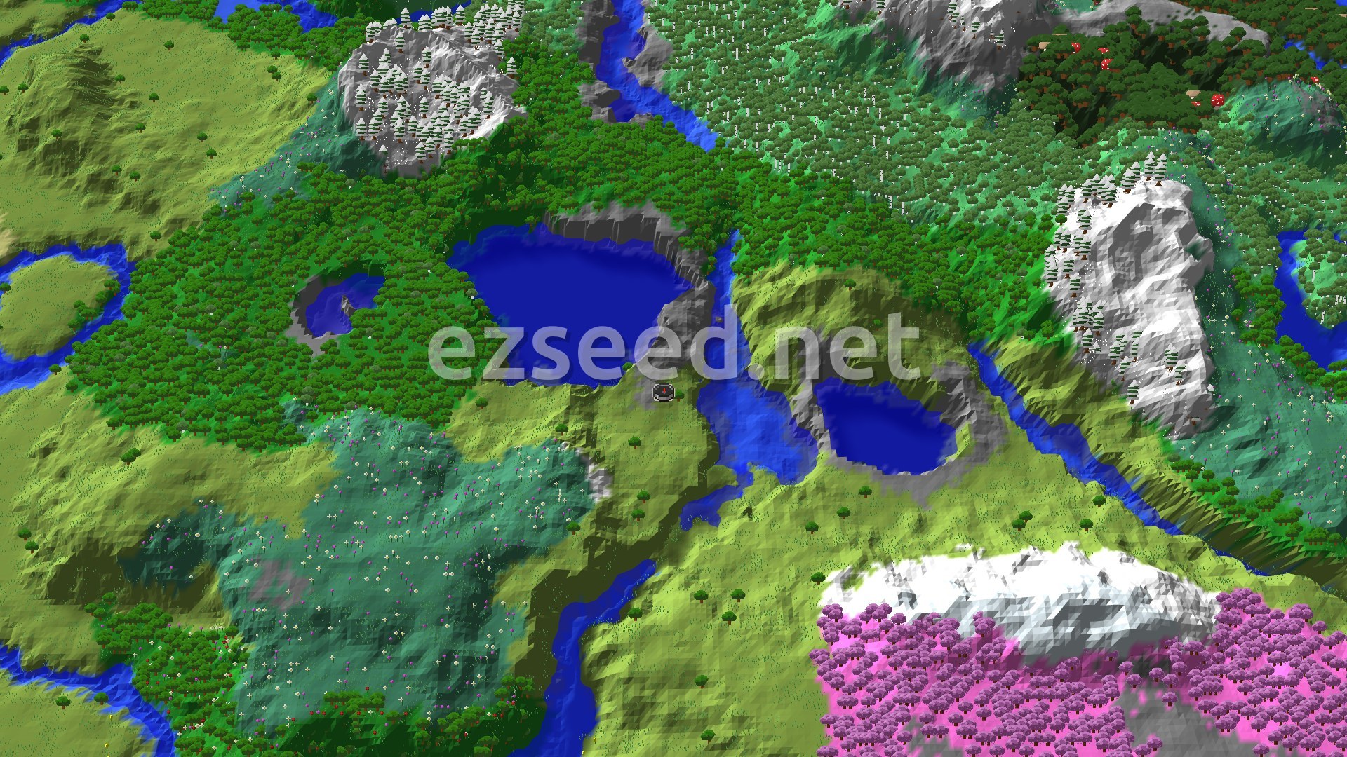 An aerial view of a varied landscape featuring rolling green plains, a dark forest, a large lake, and snowy mountains with patches of cherry grove.