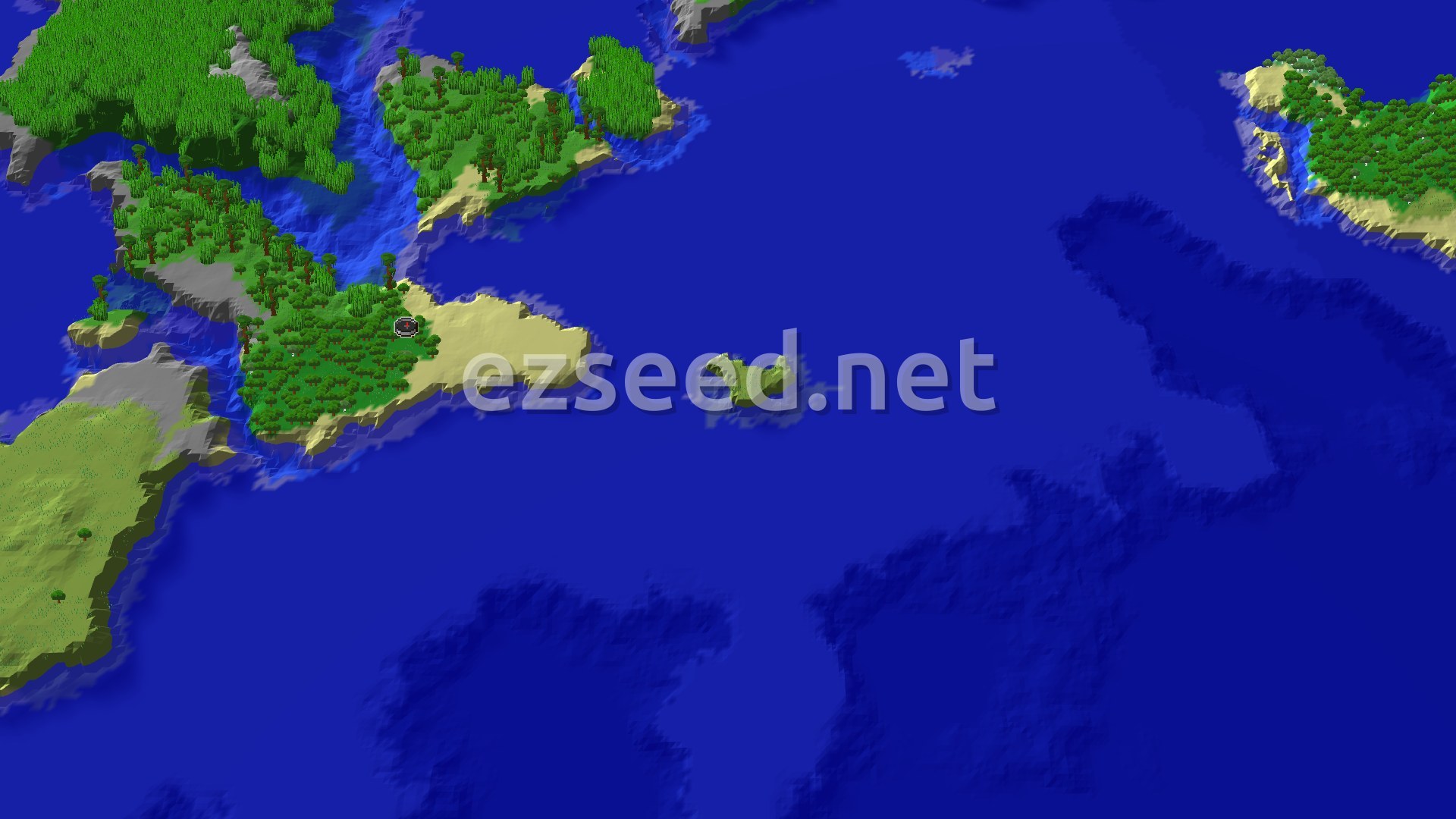 A 3D overhead view of a diverse island landscape, featuring dense green forests, light sandy beaches, and a vast blue ocean with some shallow water areas. A small spawn marker sits in a forest clearing.