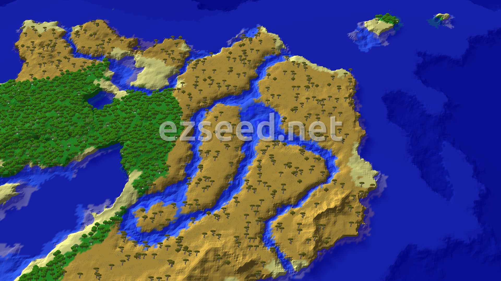 An aerial view of a large savanna island featuring scattered acacia trees, winding rivers, and surrounding ocean. A forest biome borders the savanna on one side.