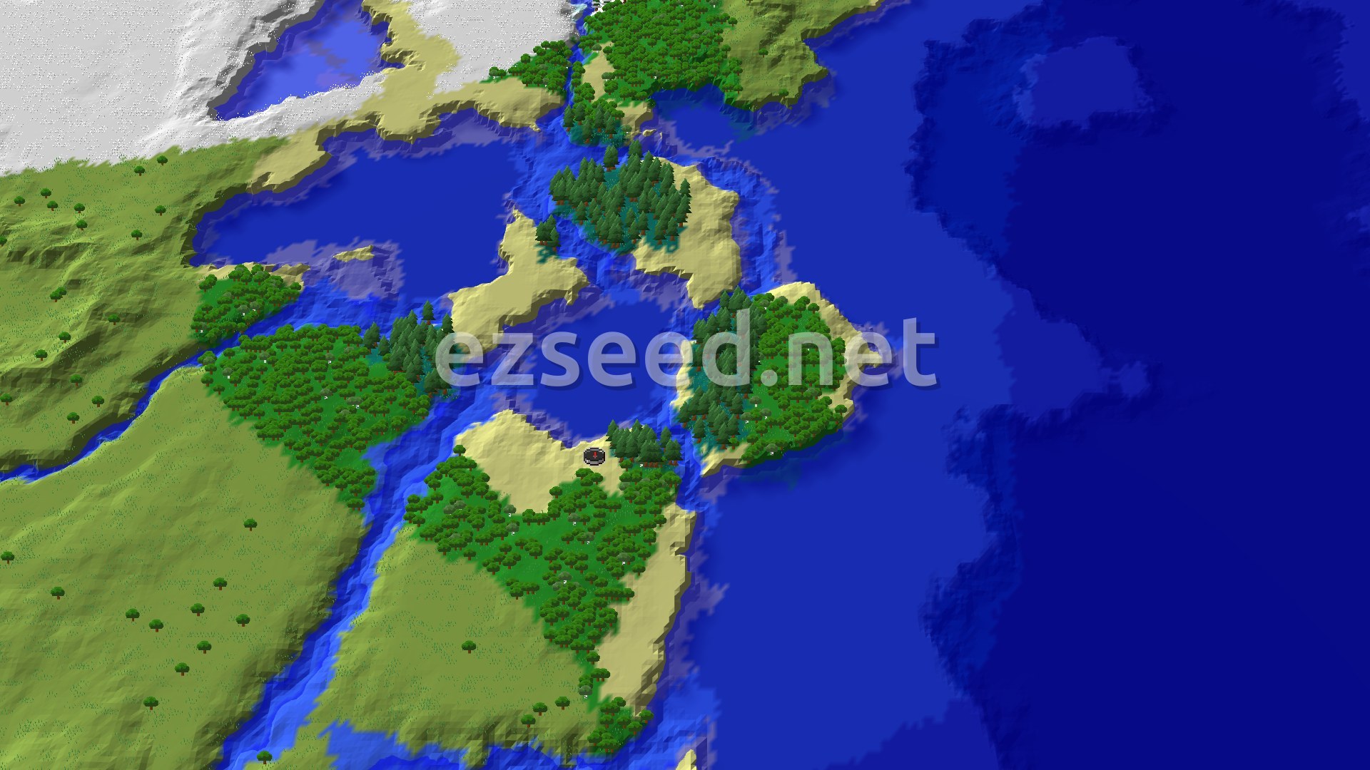 An overhead view of a diverse coastal landscape, featuring a mix of sandy beaches, dense forests, and clear blue oceans, with a small marker at the spawn point.