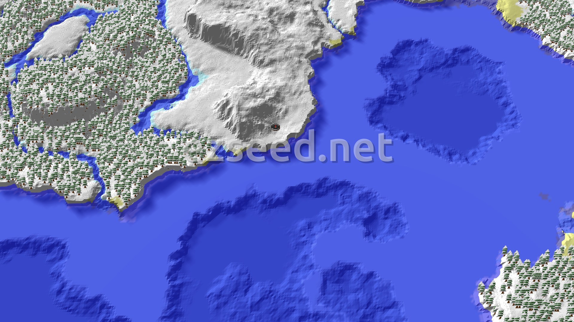 An overhead 3D view of a snowy, mountainous terrain meeting a vast frozen ocean, with a spawn marker on a snowy plain.