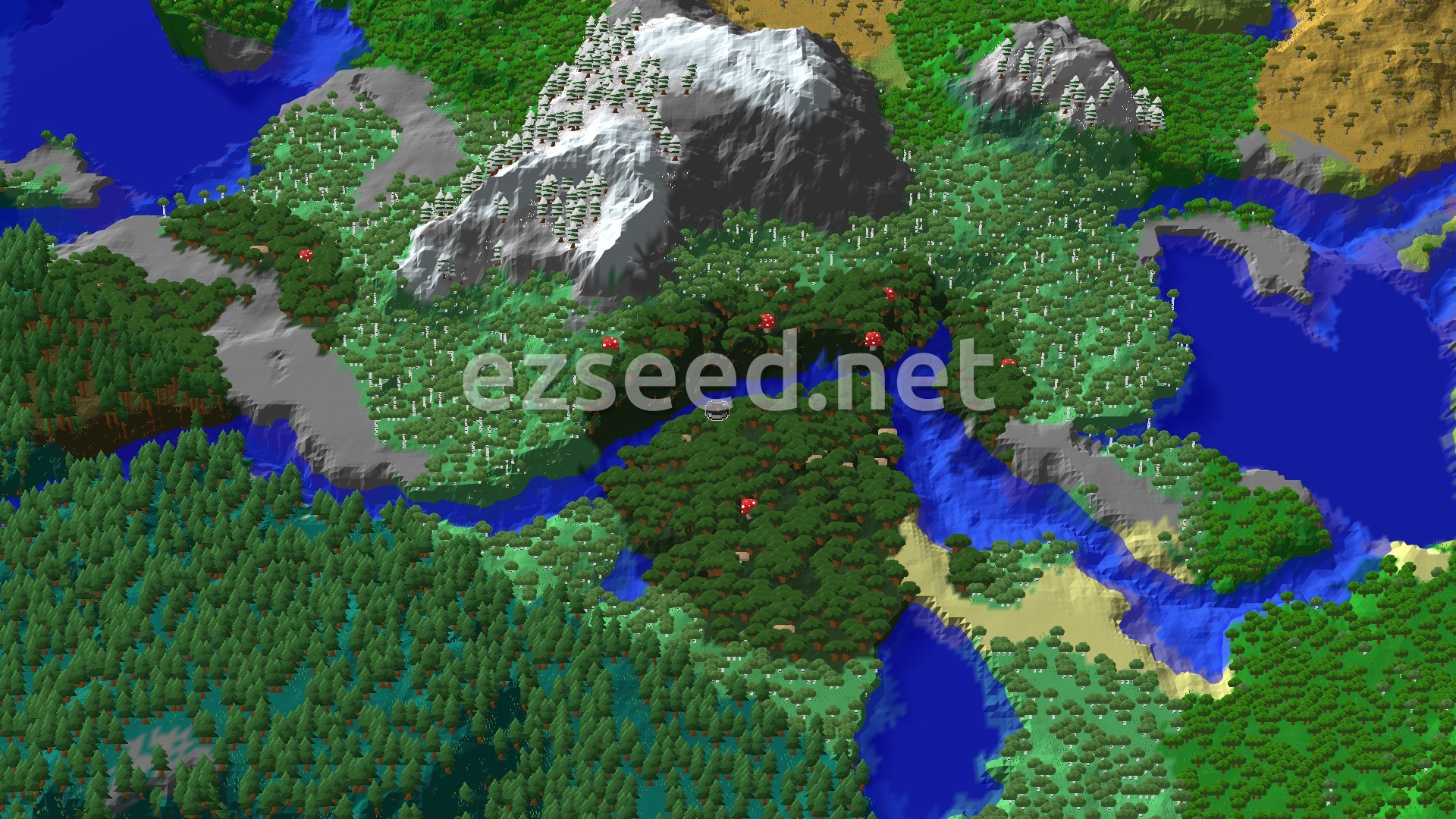 An aerial 3D view of a Minecraft world, centered on a dense dark forest with red and brown mushroom trees. A river flows through the forest, leading to a large ocean. To the north, a tall, snow-capped mountain rises, surrounded by birch and taiga forests. Beaches and stony shores line the water's edge, and parts of the landscape show grassy plains and savanna further afield.