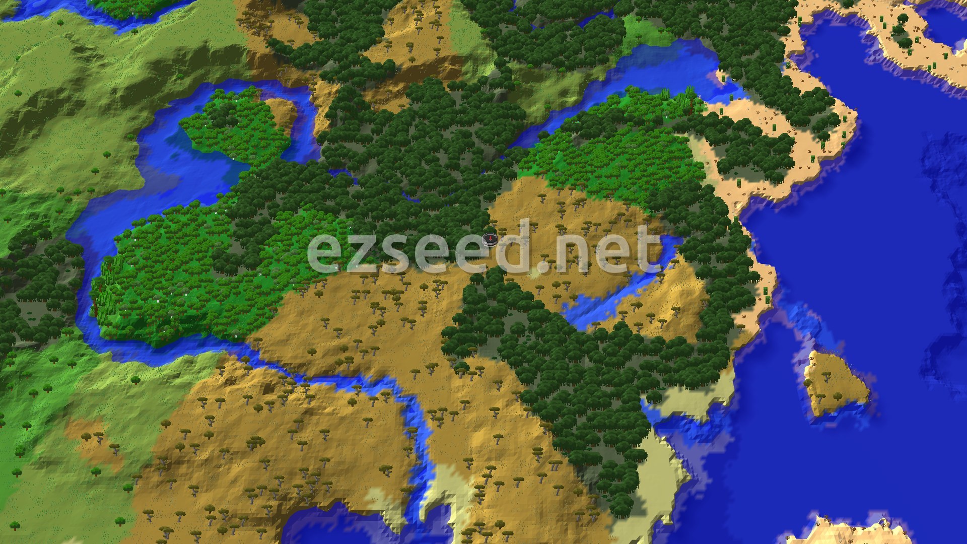 An aerial view of a varied landscape, showing a mix of green forests, light brown savanna, and blue rivers and oceans. A small spawn marker is visible near the center of the savanna.
