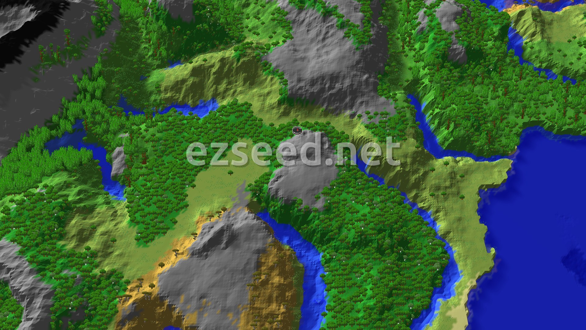 Aerial Minecraft seed map — Forest Spawn with Nearby Jungle Temple