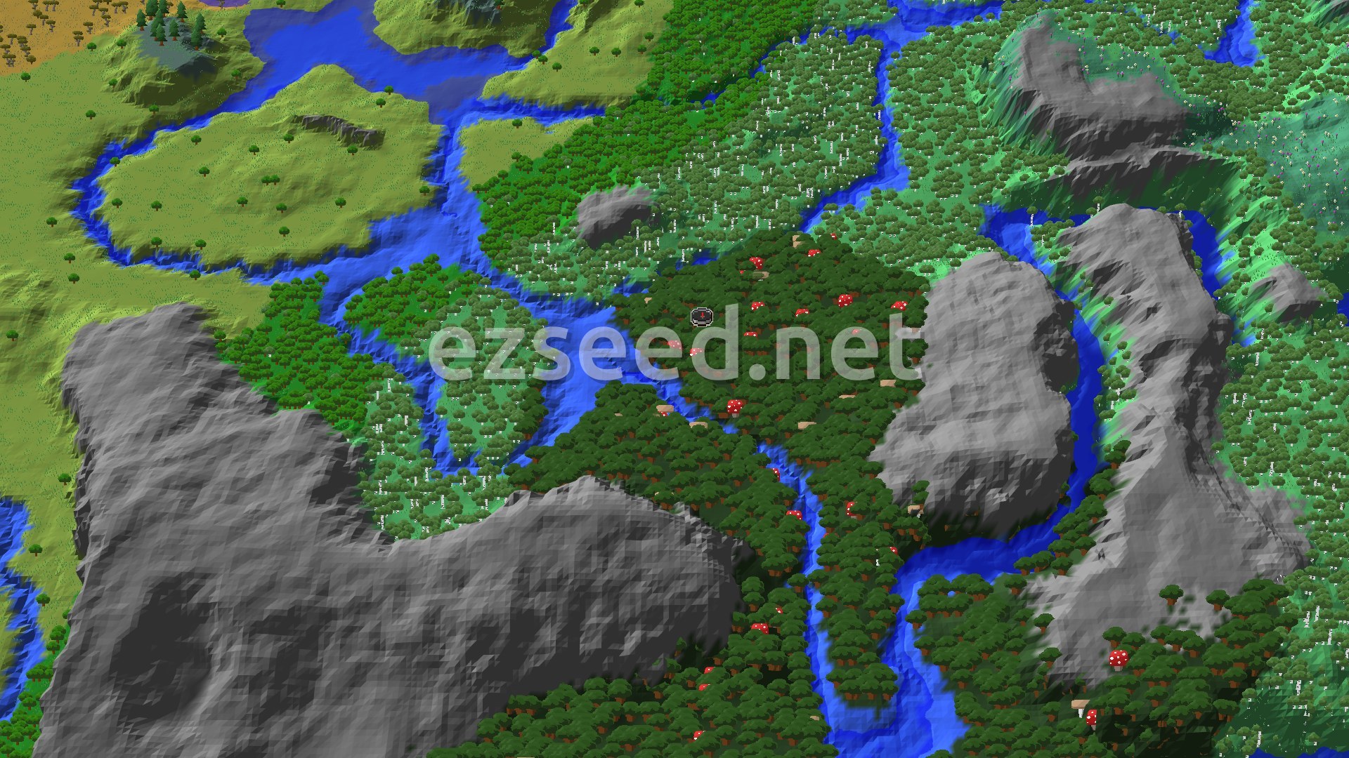 A dense Dark Forest surrounds the spawn point, with varied forest biomes and a river in the distance.