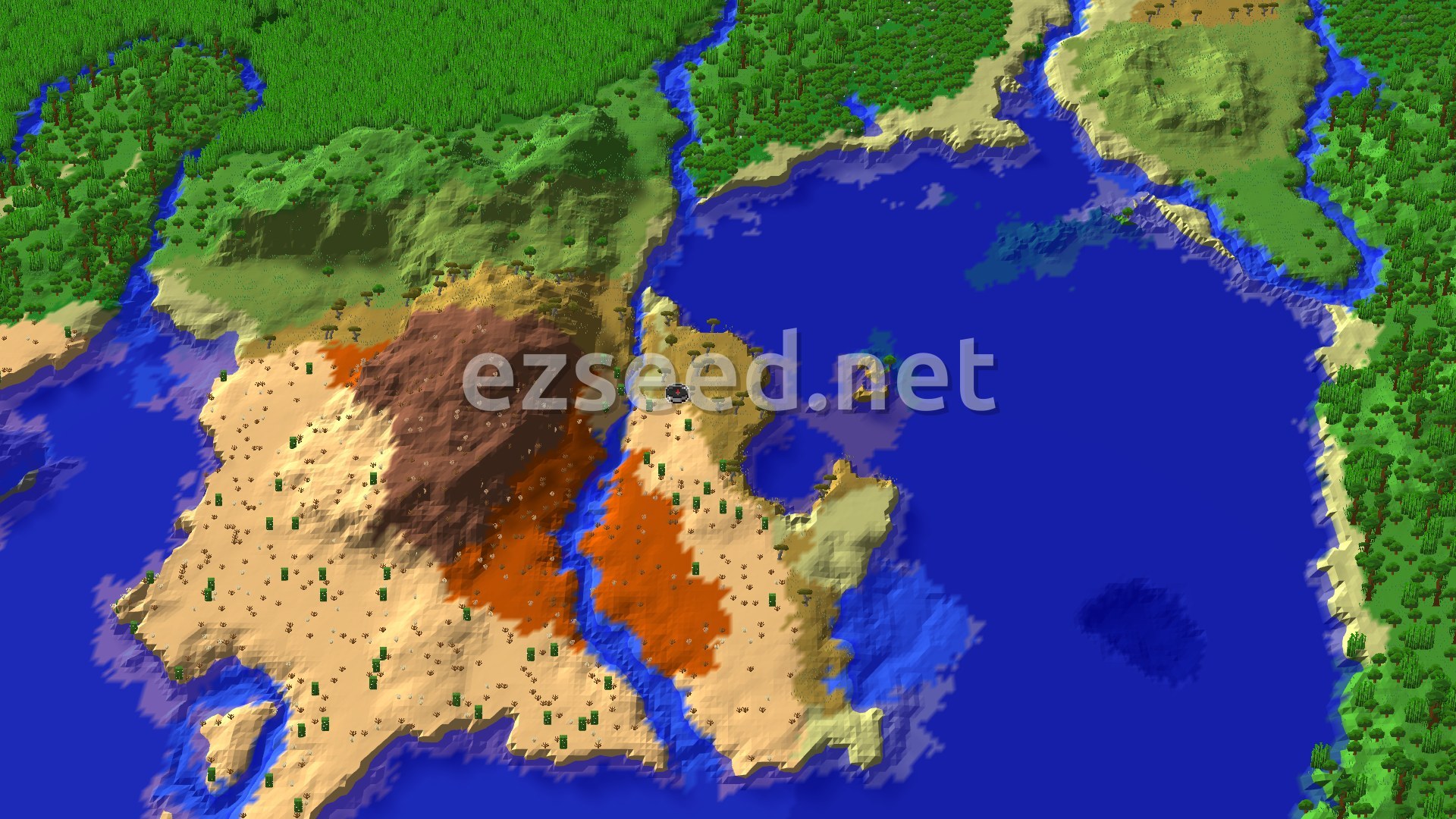 An aerial view of a desert and badlands landscape next to a large ocean, with green plains and forests in the distance.