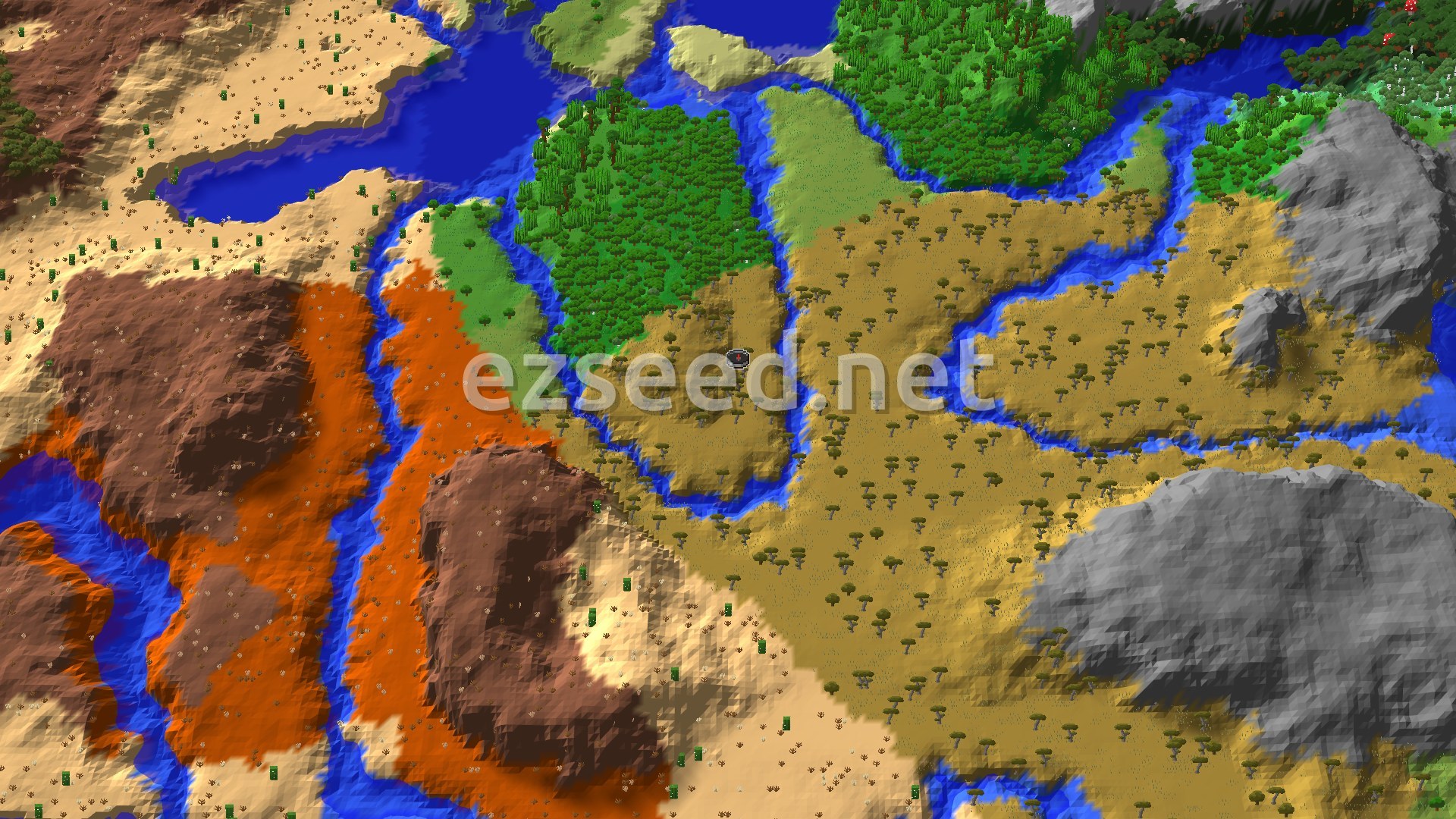 Aerial Minecraft seed map — Savanna Spawn with a Nearby Ancient City