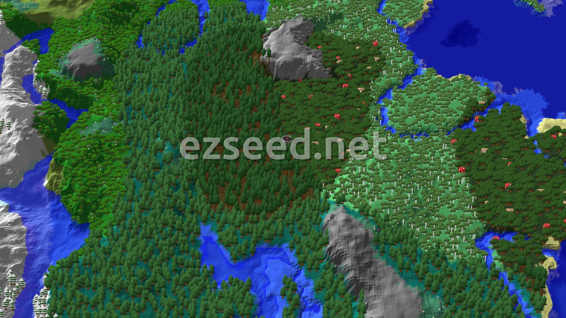 A 3D fly-over of a world with dense dark forests, taiga, and some mountains, with a river running through and small red mushrooms scattered around.