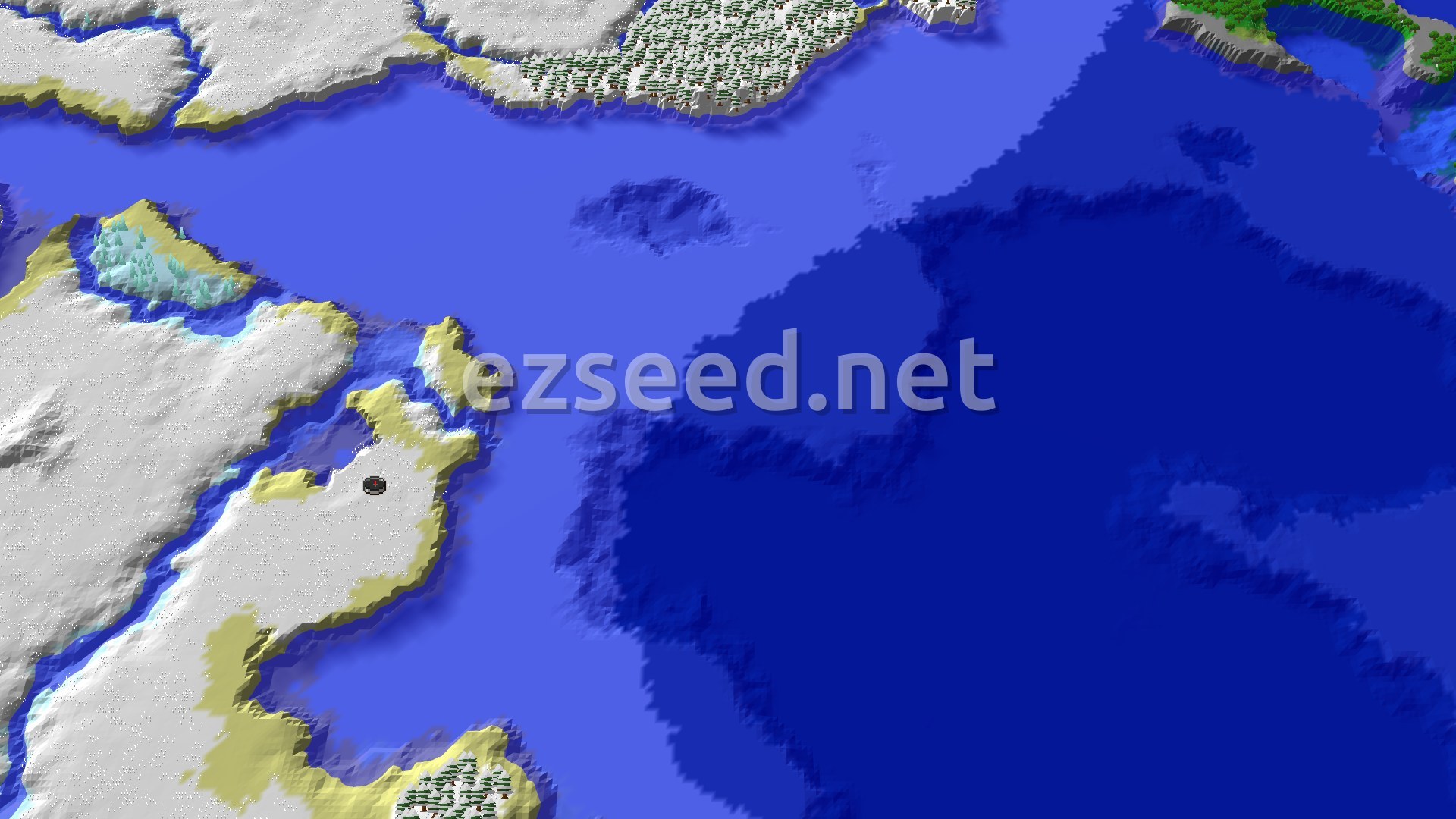 A vast, snow-covered landscape with scattered forests and a large ocean. The spawn marker is on a snowy landmass.