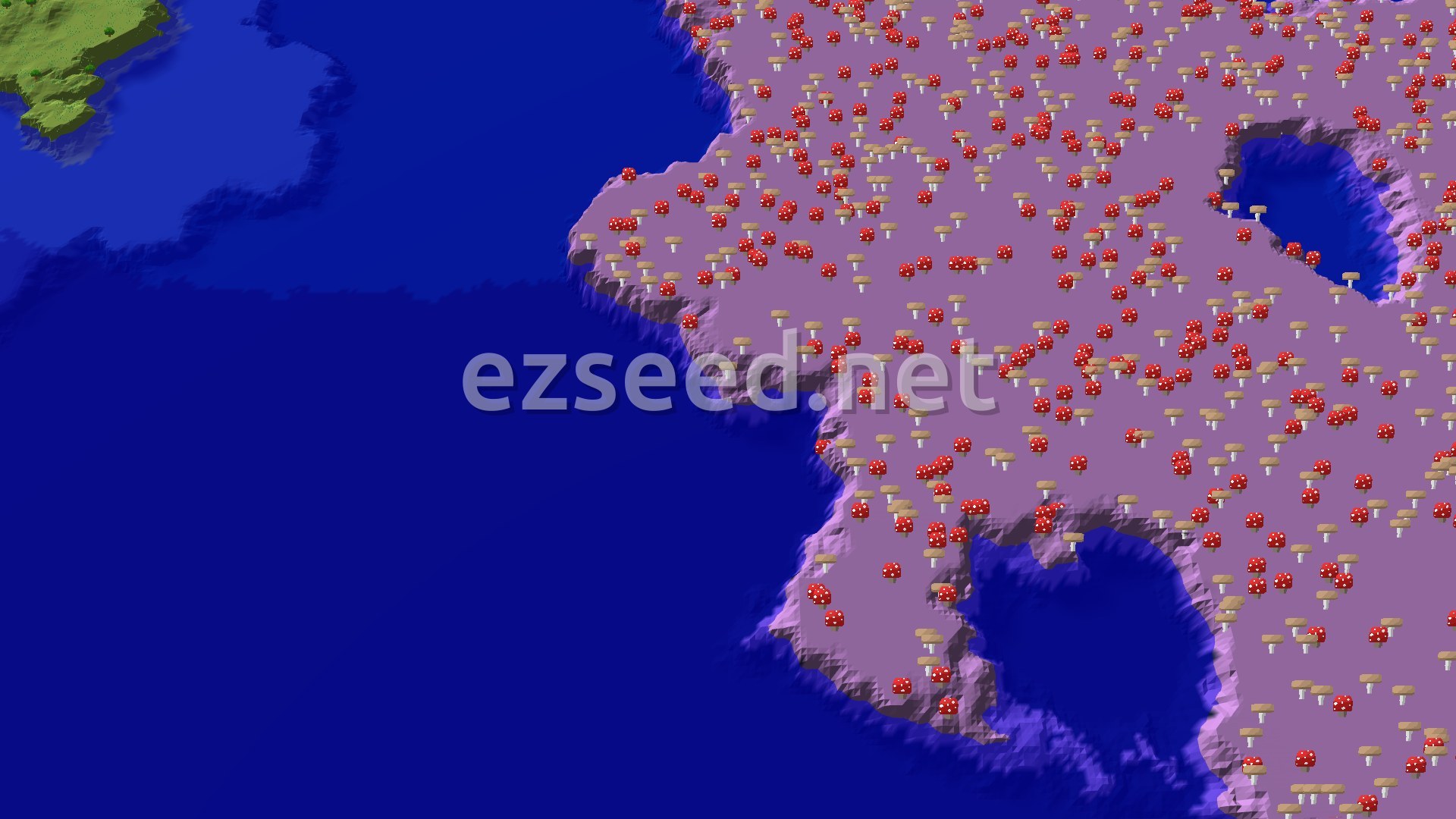 A 3D render of a vast mushroom fields biome, covered in red and brown mushrooms, bordering a deep blue ocean with a small island of green plains and trees in the distance.