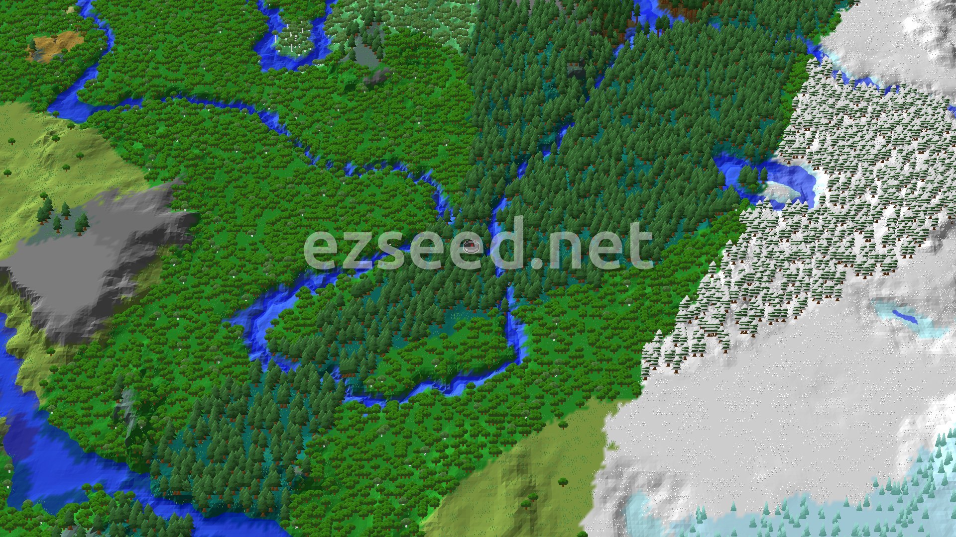 Aerial Minecraft seed map — Taiga Spawn with Trail Ruins and Fast Trial Chambers