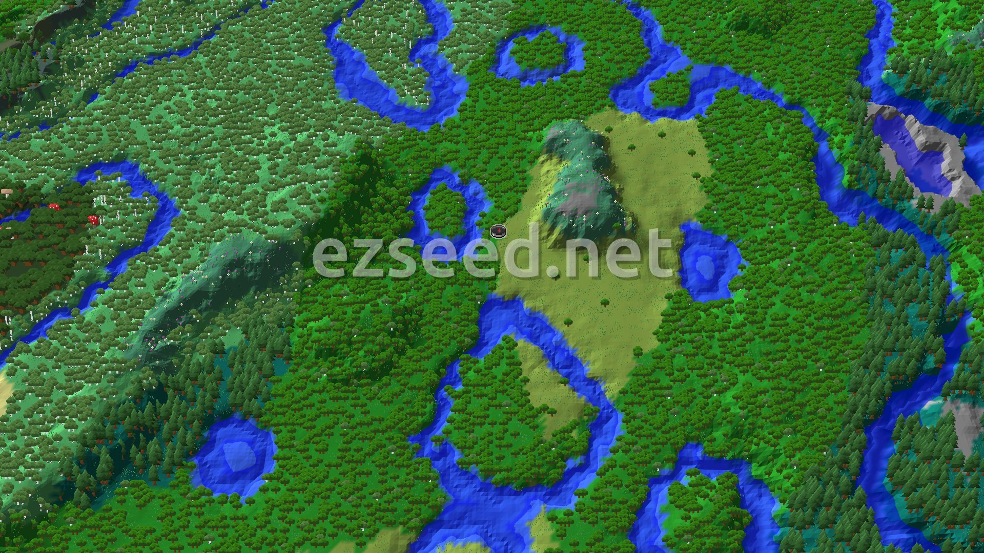 A bird's eye view of a Minecraft landscape, showing a central grassy plains area surrounded by dense forests and winding rivers. A small hill rises in the plains, and a spawn marker is visible at the center.