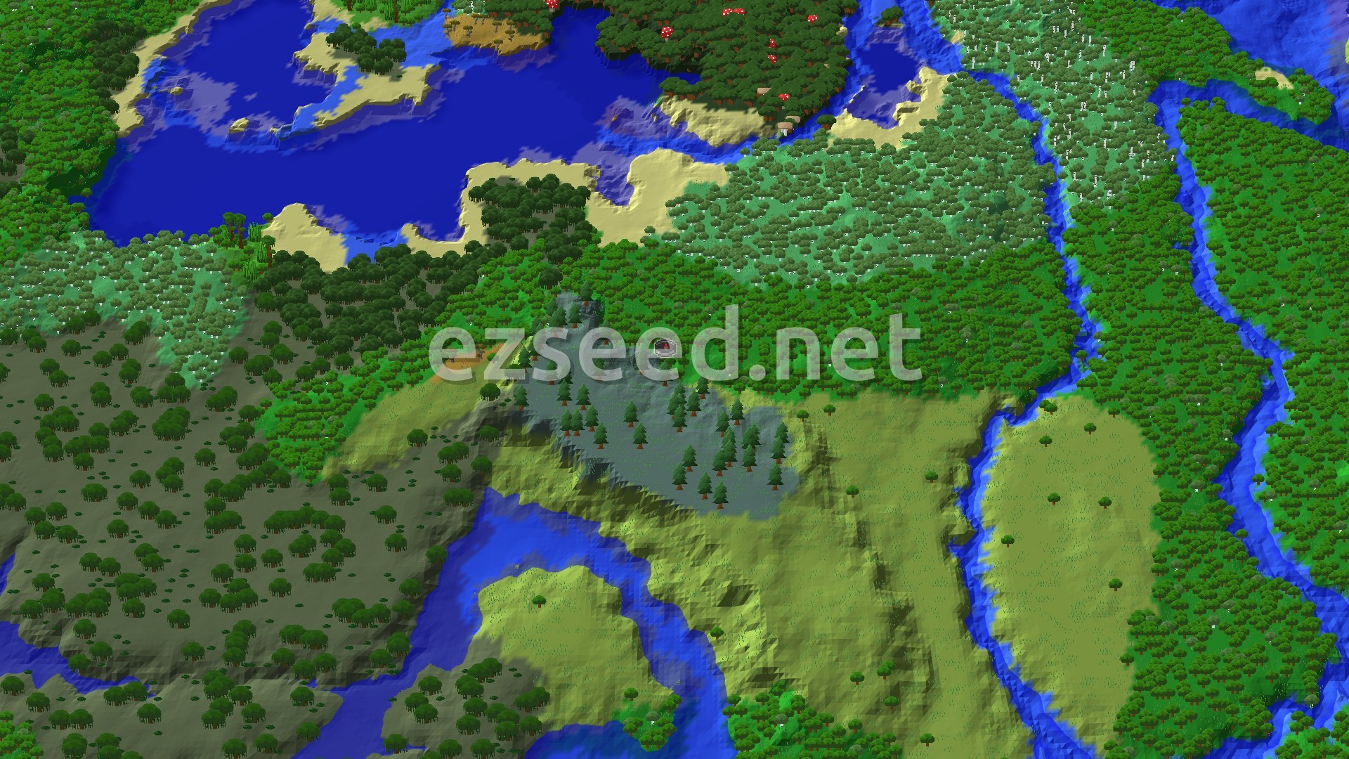 A 3D overhead view of a diverse landscape featuring dense forests, open plains, winding rivers, and a large body of water, with rolling hills in the distance.