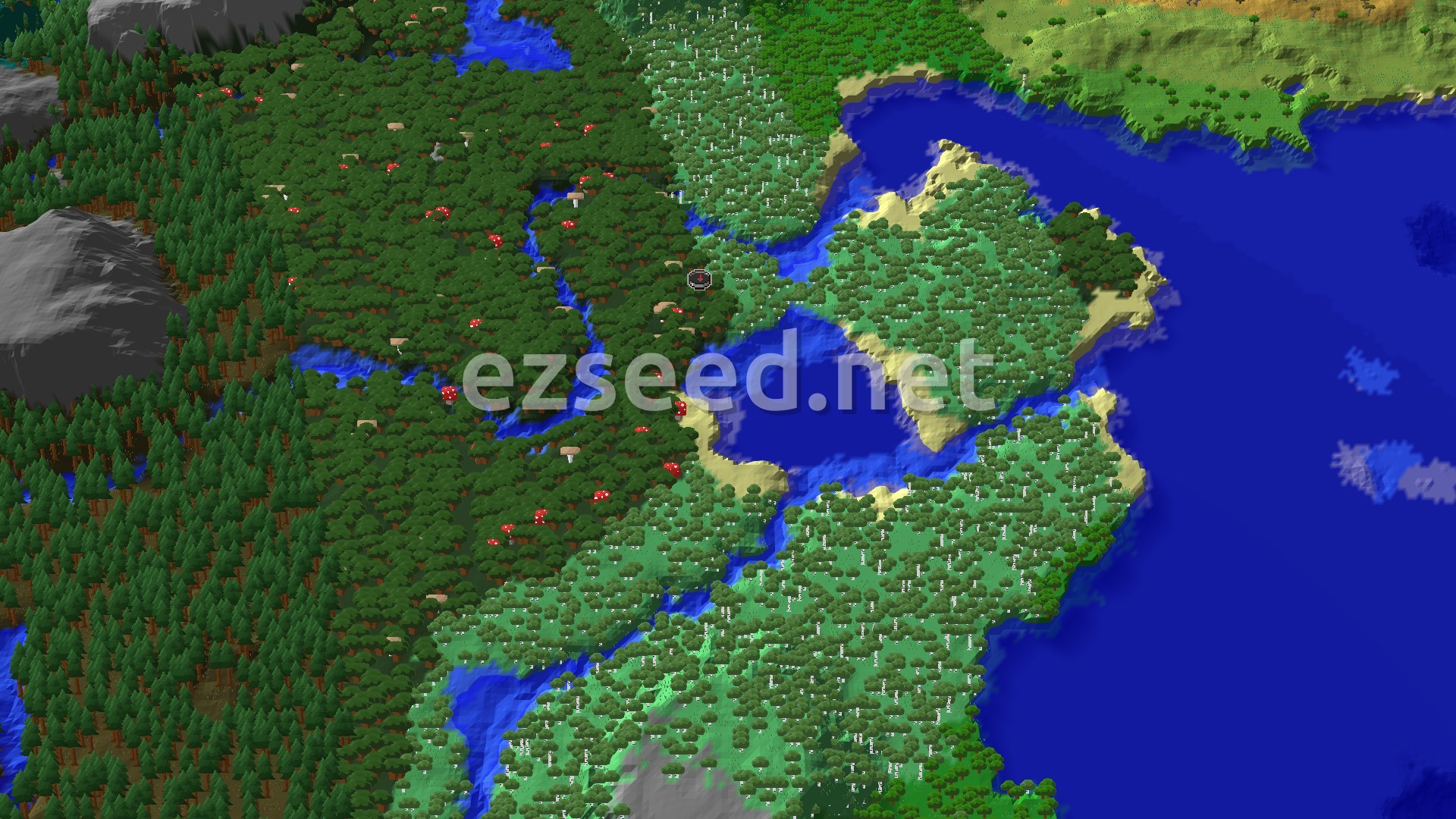 An overhead view of a diverse landscape with a dense Dark Forest, winding rivers, beaches, and an ocean. A small spawn marker indicates the starting point.