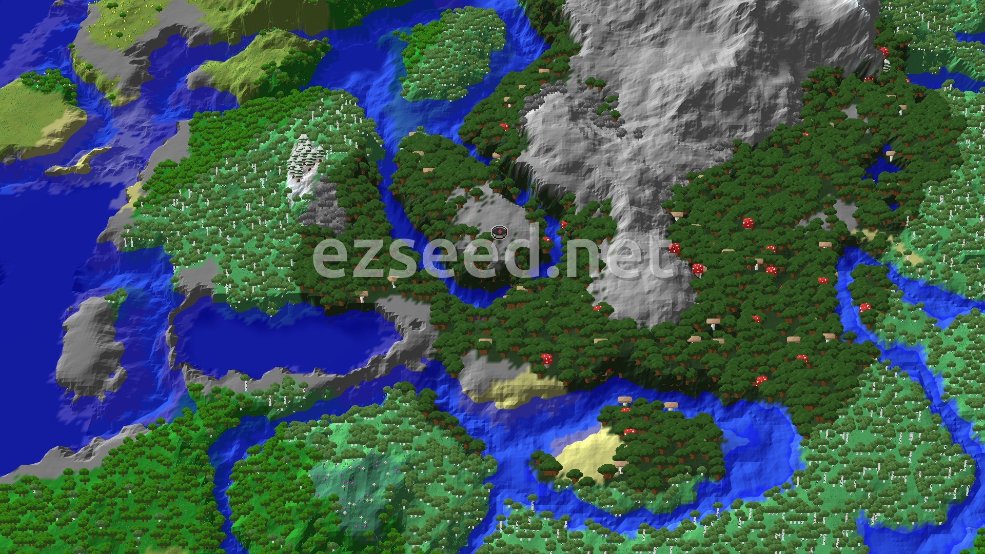 A 3D overhead view of a diverse landscape featuring dark forests, rivers, and a large grey mountainous area, with a small spawn marker in the center.