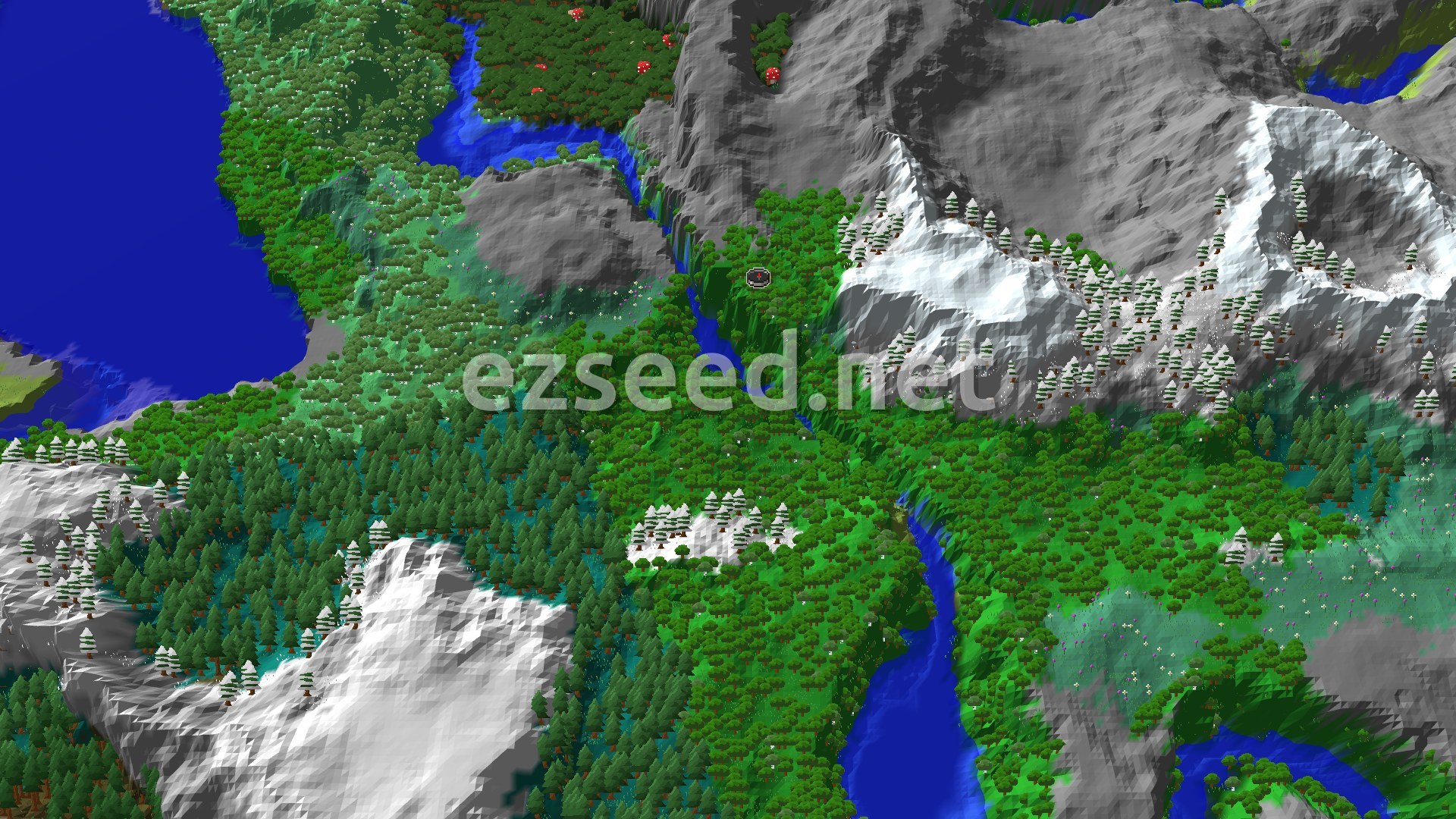 A 3D fly-over of a verdant forest landscape, cut by rivers, with snow-capped peaks in the background and a spawn marker at the center.