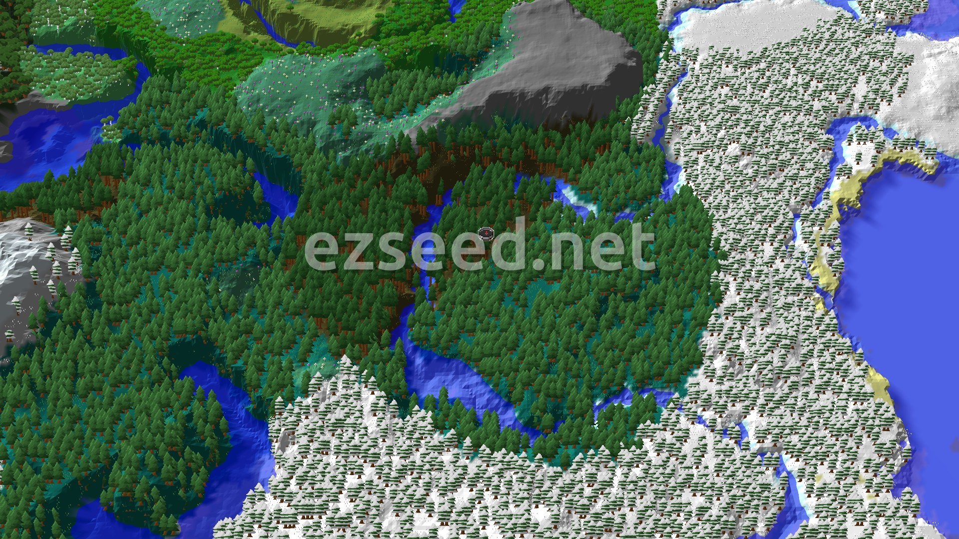 An aerial 3D view of a dense Old Growth Spruce Taiga biome at the center, with rivers winding through it. To the north, a large grey mountain rises, and to the east, the landscape transitions into snowy taiga and a frozen ocean.