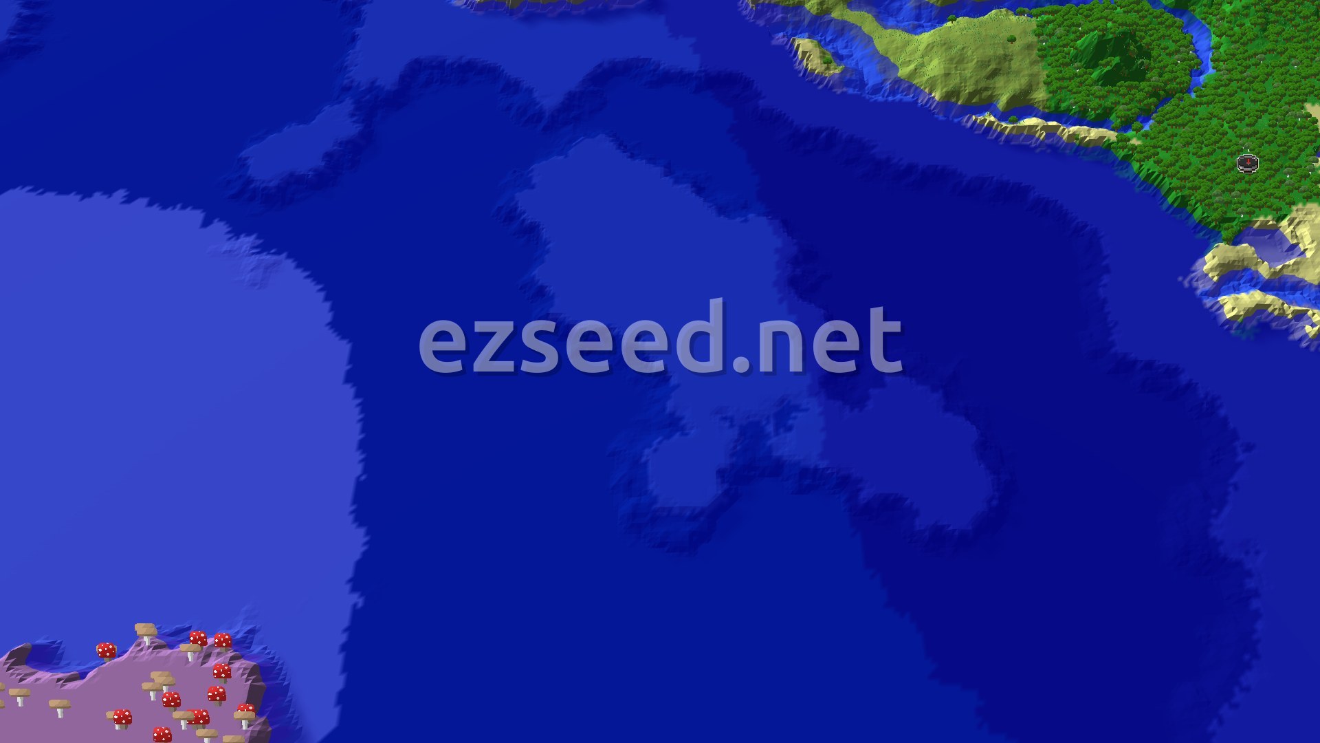 An overhead view of a green forested landmass with lighter green plains, bordering a large blue ocean. A small red spawn marker is visible within the forest near the coast. In the bottom left, a section of a purple mushroom fields biome with red and brown mushrooms is visible.