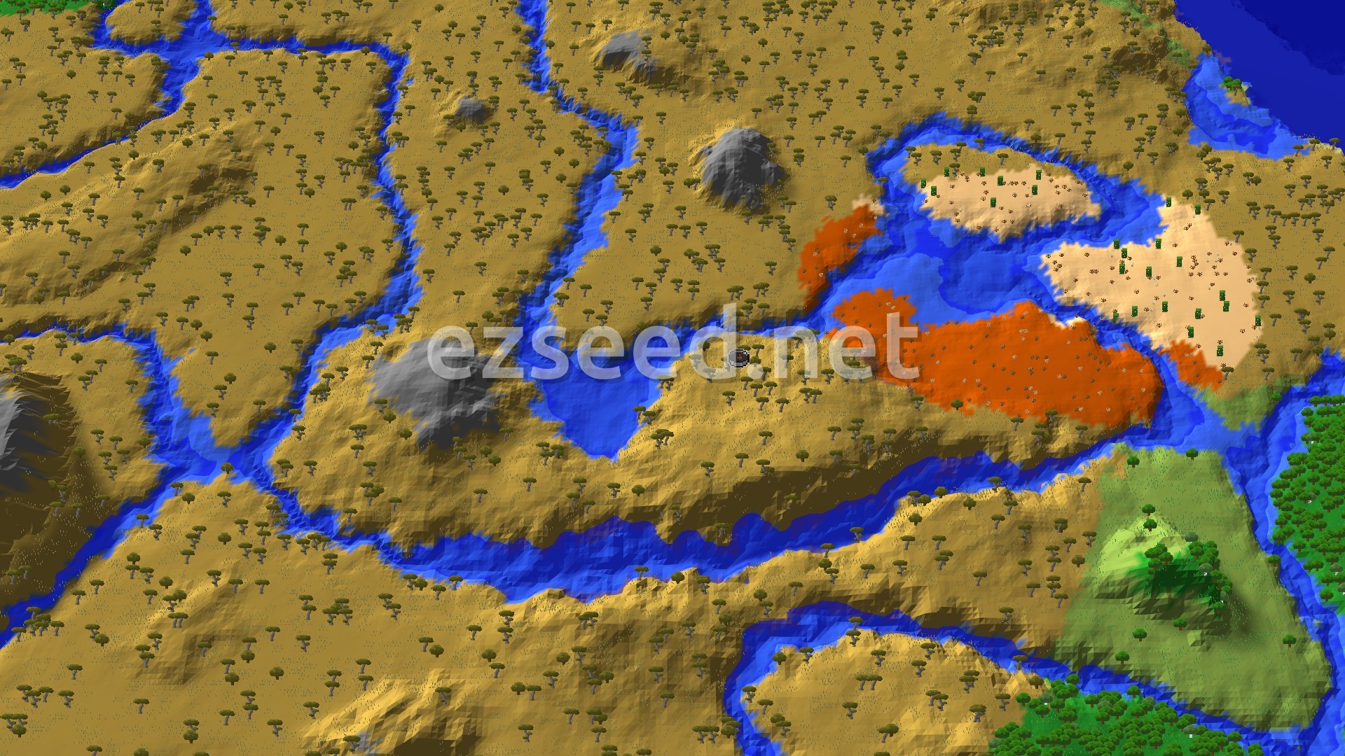 An aerial view showing a vast, rolling savanna biome dotted with acacia trees, cut through by winding rivers. Patches of orange badlands and lighter desert biomes are visible across the water, with a darker forest biome in the lower right.