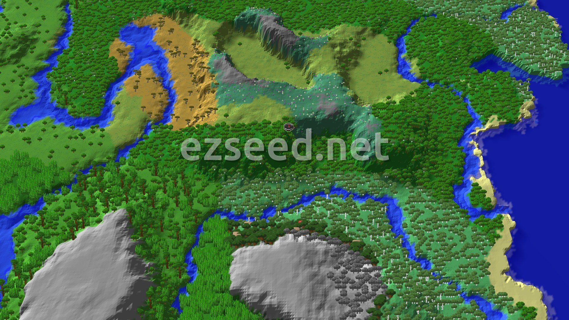 An aerial view of varied terrain featuring dense green forests, winding blue rivers, patches of savanna, and some exposed grey mountain cliffs, with a small marker at the spawn point.