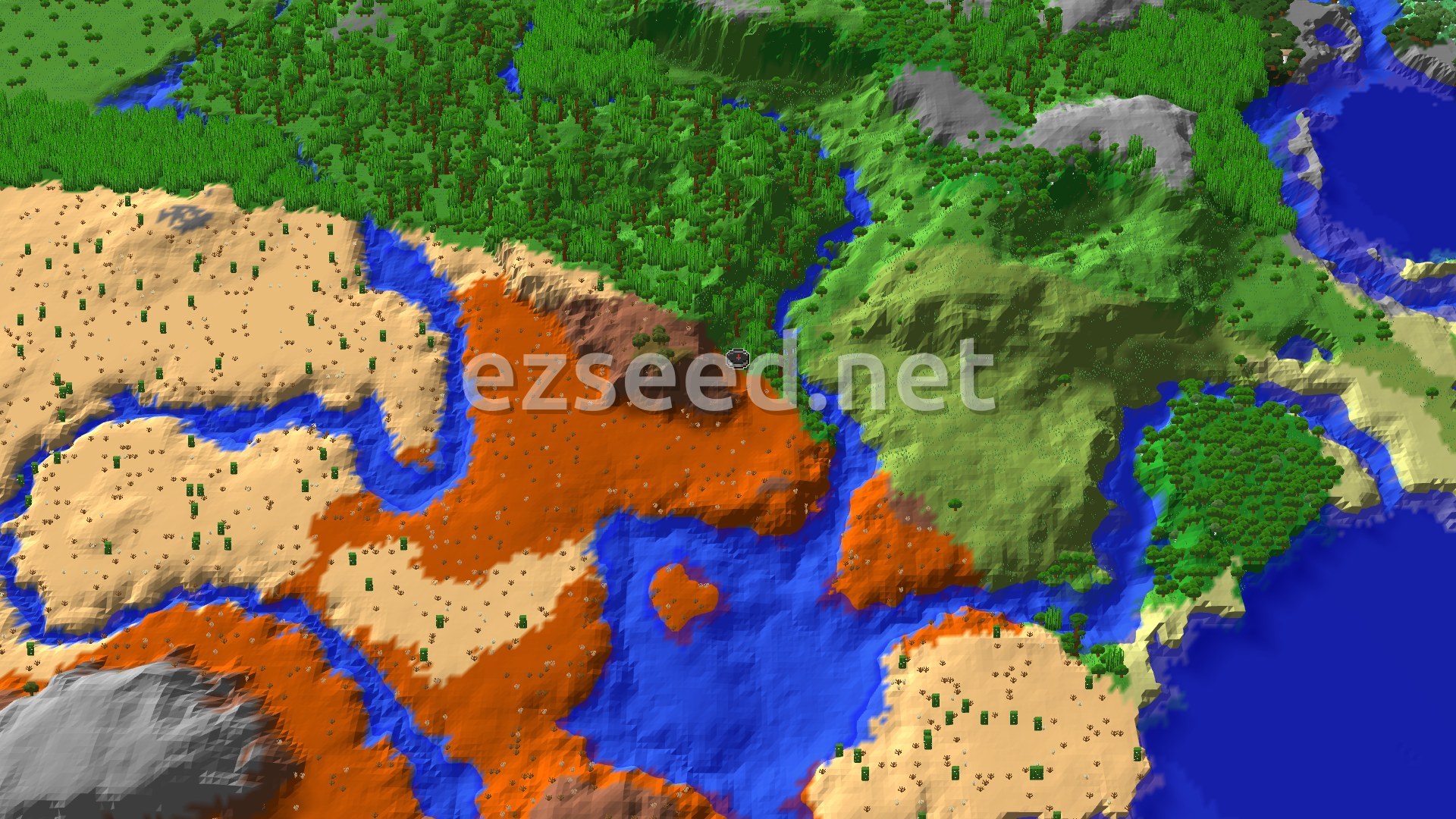 An aerial view of varied terrain showing orange badlands, green forests, and blue rivers and oceans, with a small spawn marker in the center.