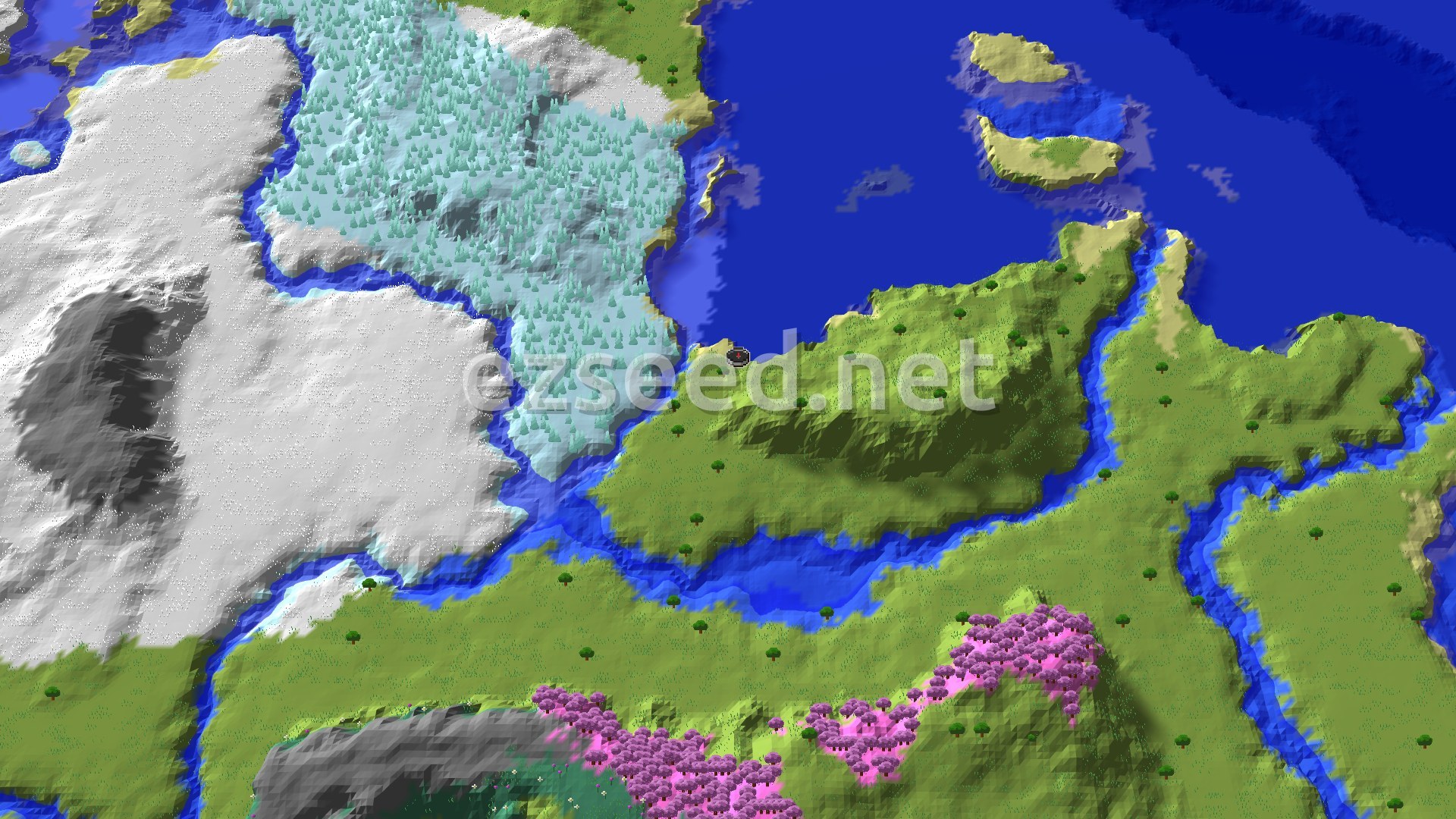 A 3D fly-over of a varied landscape, showing a green plains biome transitioning into snowy mountains and ice spikes, with a winding river and a large ocean. A small patch of pink cherry trees is visible.