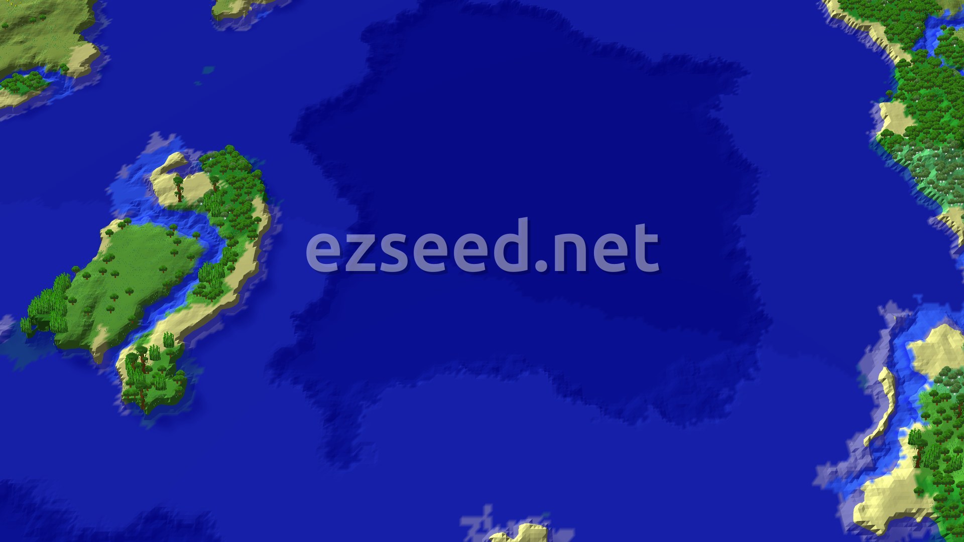 A 3D fly-over rendering of a large, green island covered in trees, surrounded by blue ocean, with a small spawn marker in the center.