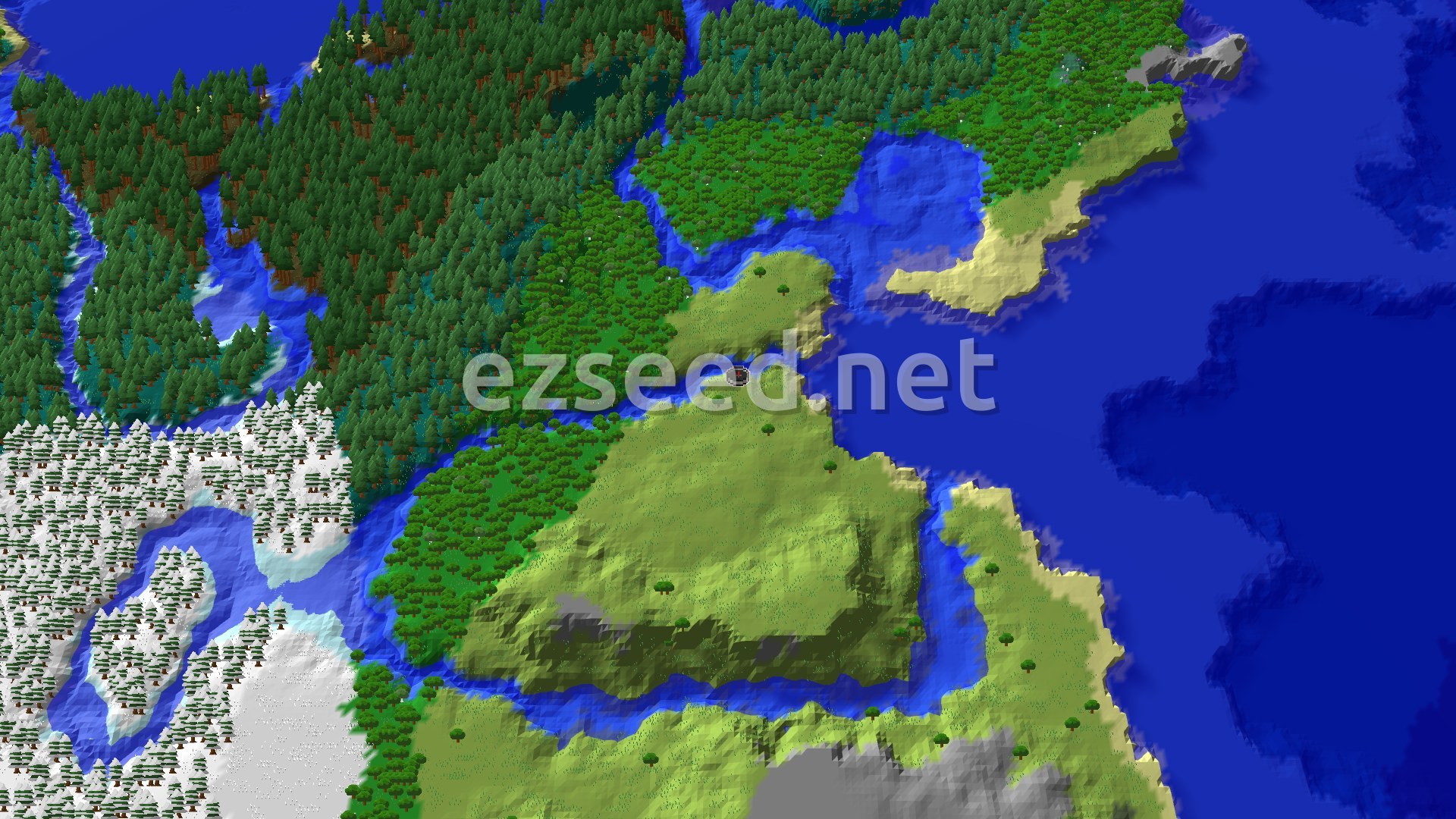 An overhead view of a diverse landscape with green plains, dense forests, winding rivers, a cold ocean, and a snowy taiga biome.