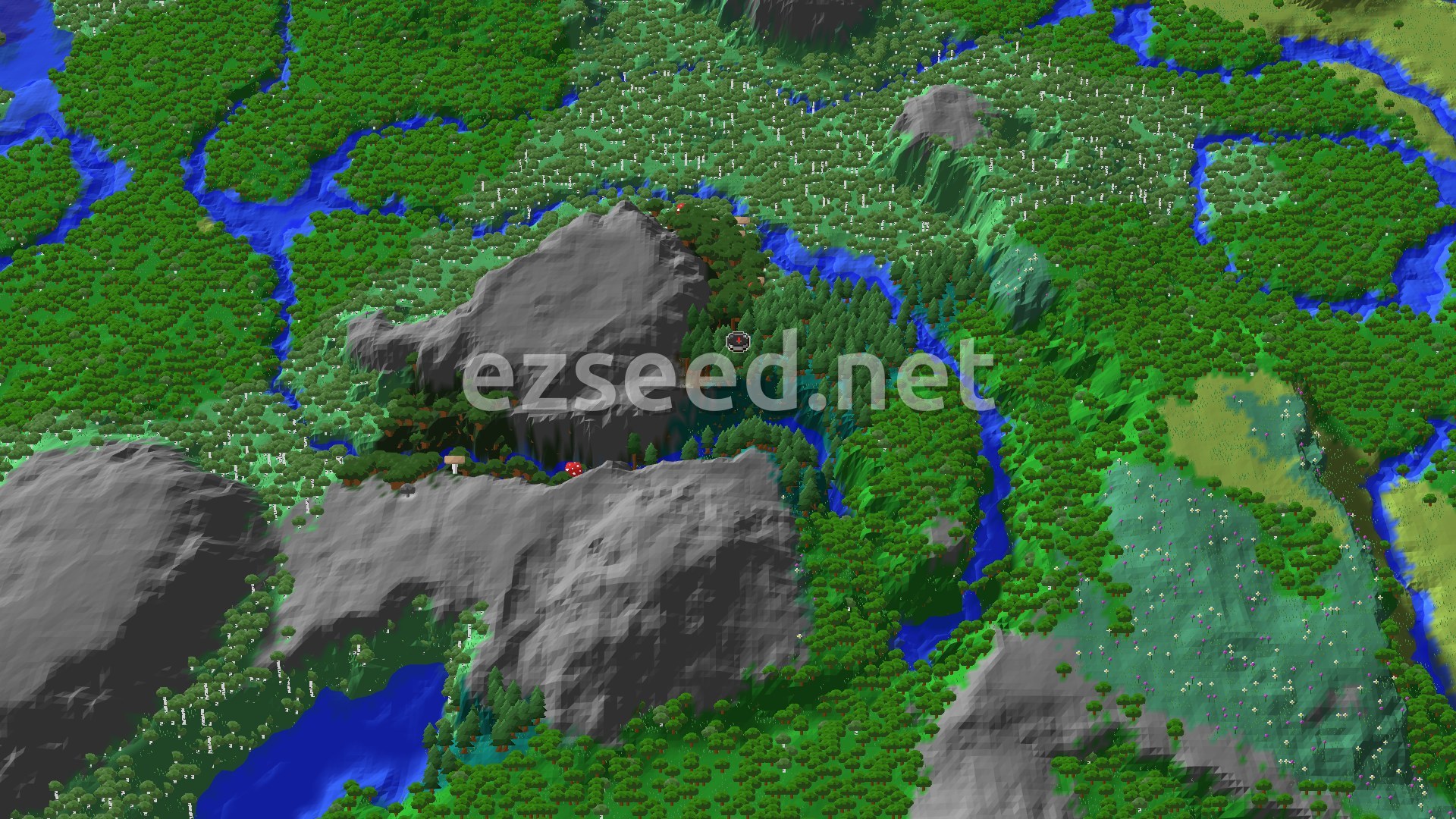 An overhead view of a mountainous, heavily forested landscape with several winding rivers and a small spawn marker in the center.