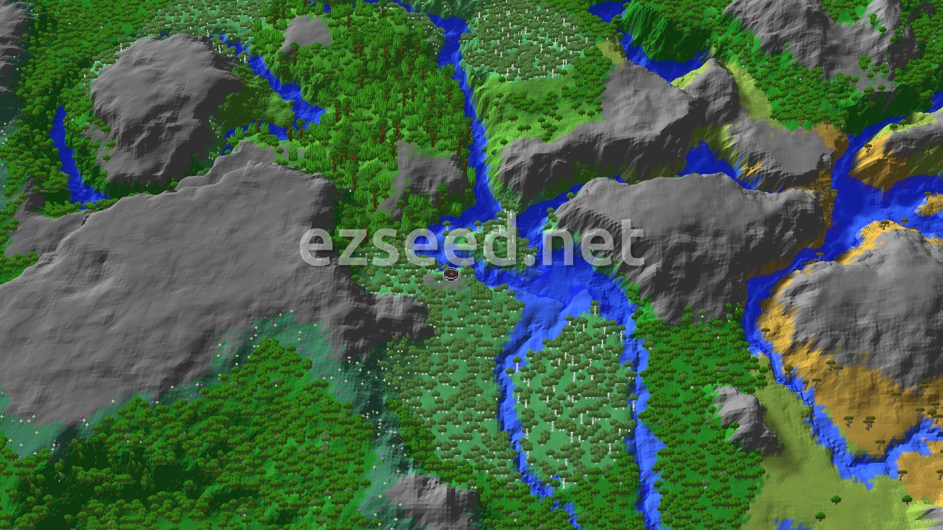 An aerial view of a varied landscape, featuring dense green forests, winding blue rivers, and grey mountains, with patches of lighter green and yellow biomes in the distance, centered on a small spawn marker.