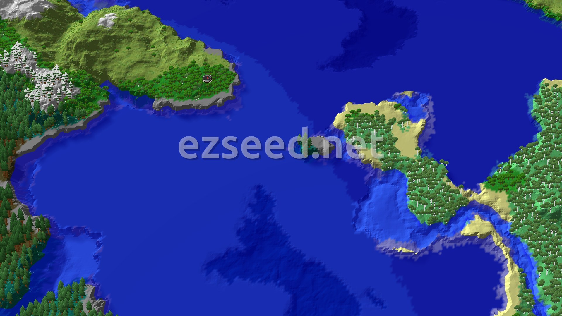 A sweeping view of a forest peninsula surrounded by cold ocean, with rolling hills and distant snowy peaks under a clear sky.