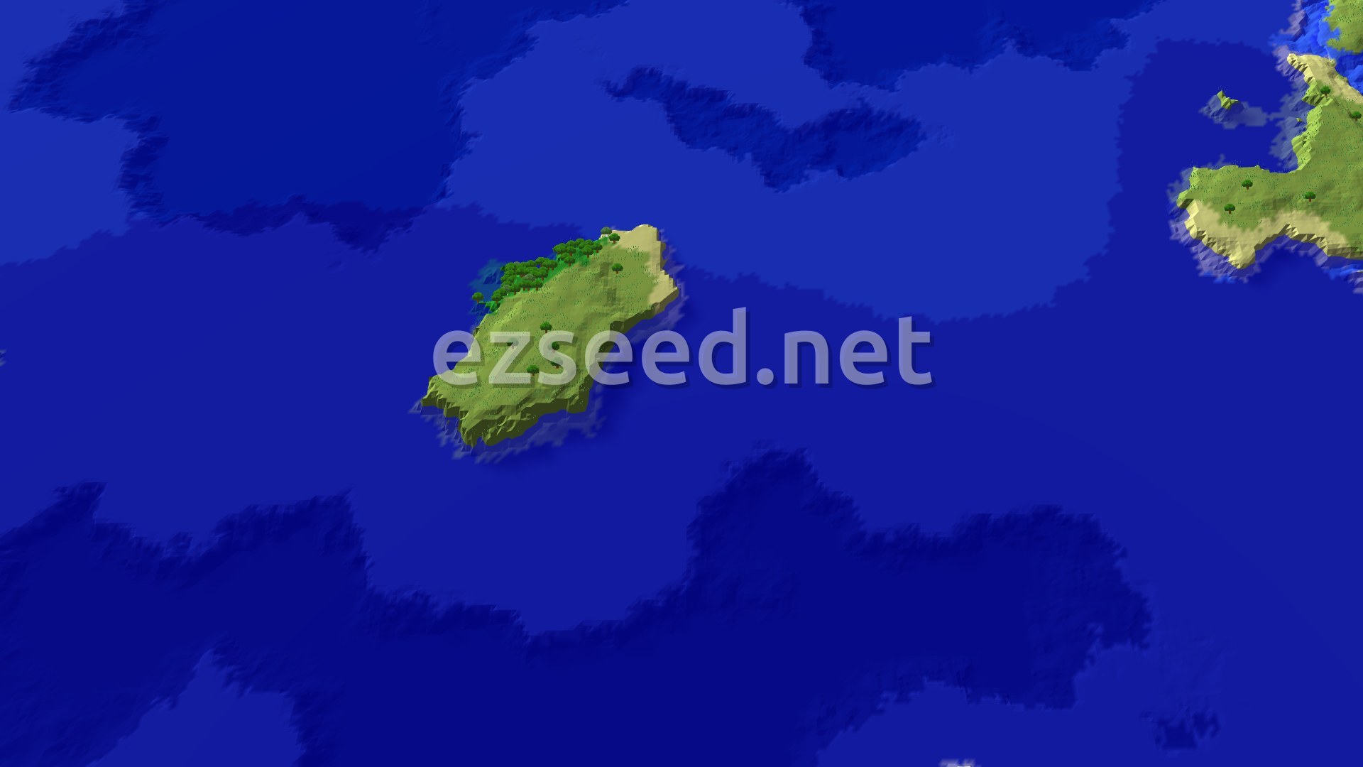 An overhead view of a small, green island covered in trees, surrounded by blue ocean. Another larger landmass is visible in the upper right.