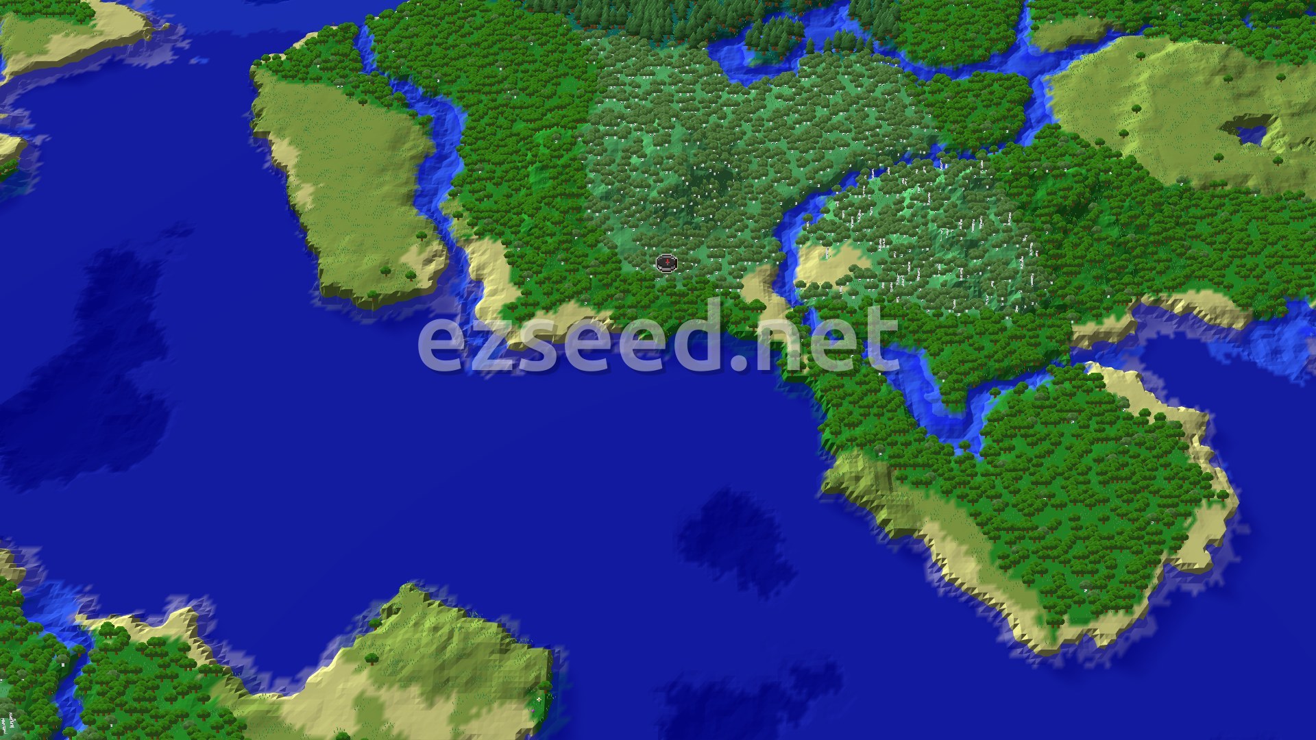 A bird's-eye view of a green, forested landscape, mostly birch and standard forest, with a river running through it, emptying into a large blue ocean with sandy beaches along the coast. A small spawn marker is visible in a dense birch forest.