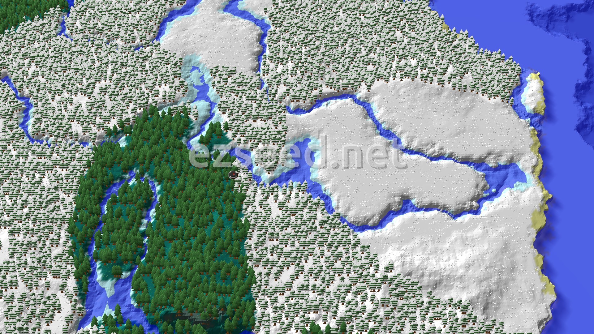 An overhead view of a snow-dusted Taiga forest and Snowy Taiga biomes, with a winding frozen river and a large snowy plain meeting an ocean on the right.