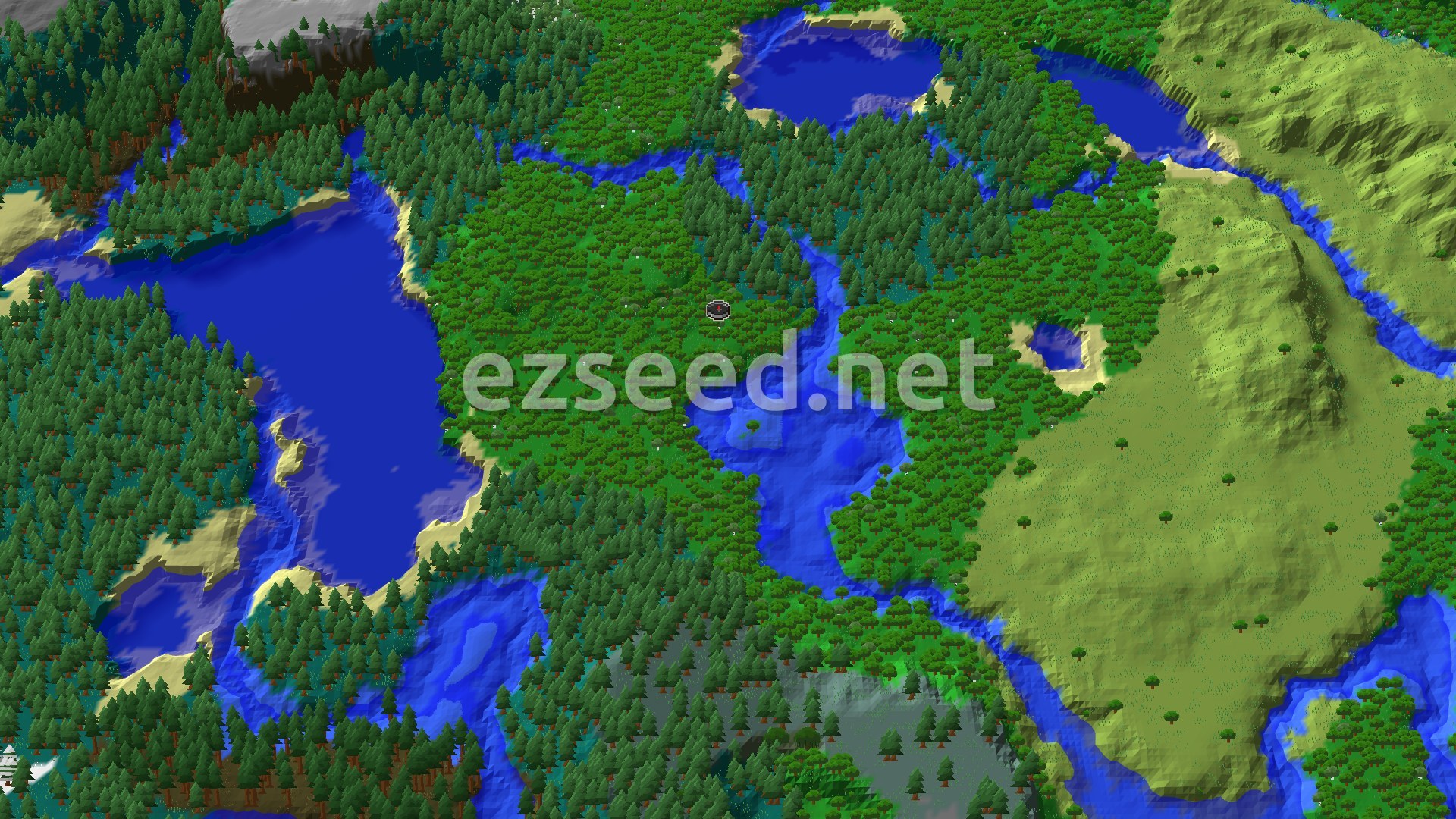 An overhead view of a dense forest biome with a river winding through it and a large lake to the west. Some hills are visible to the north and east.