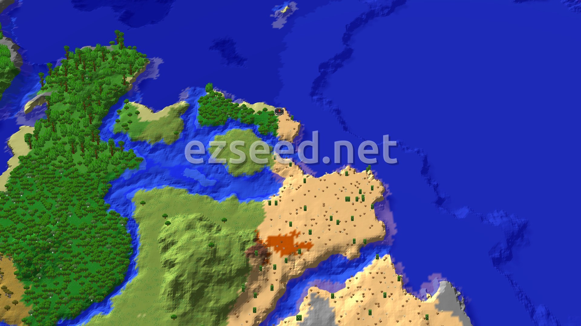 An overhead view of a diverse landscape featuring a large desert island, surrounded by warm ocean with patches of forest and plains.
