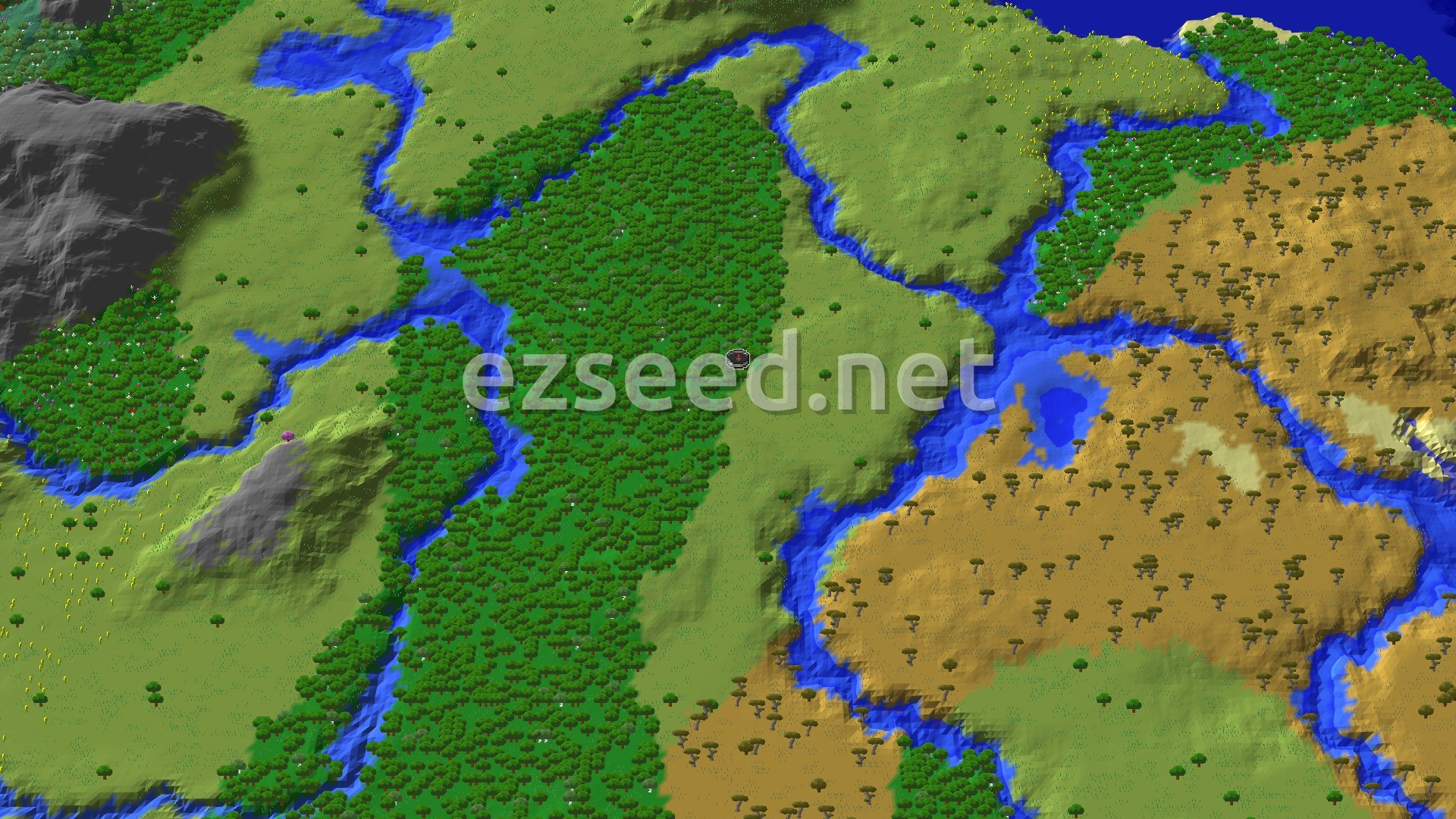 A bird's-eye view of a varied landscape, with dense green forests, winding blue rivers, patches of open plains, and a large expanse of savanna terrain.