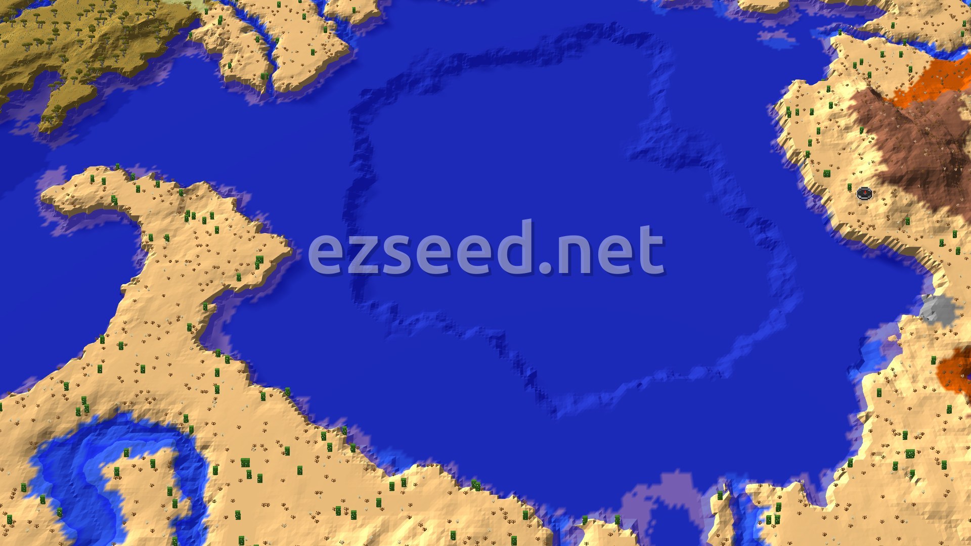 An overhead view of a large blue ocean surrounded by desert terrain, dotted with small green cacti, and a darker, elevated badlands area to the east.