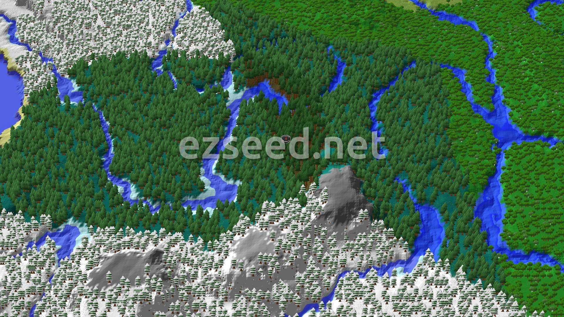 An aerial view of a dense evergreen forest with rivers winding through, transitioning to snowy mountains and taiga in the south.