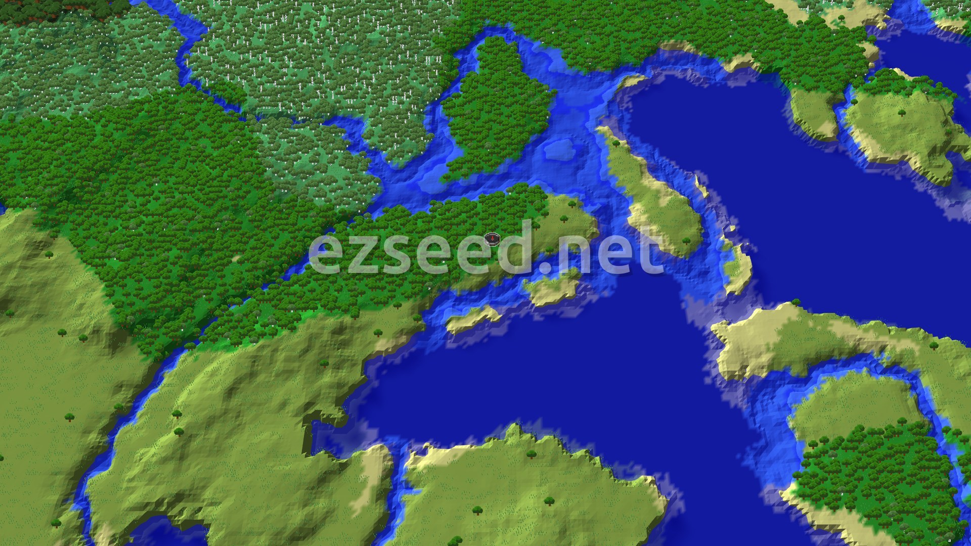 An overhead 3D view of a Minecraft world showing a dense forest biome around the spawn point, with rivers and ocean nearby, and rolling hills in the distance.